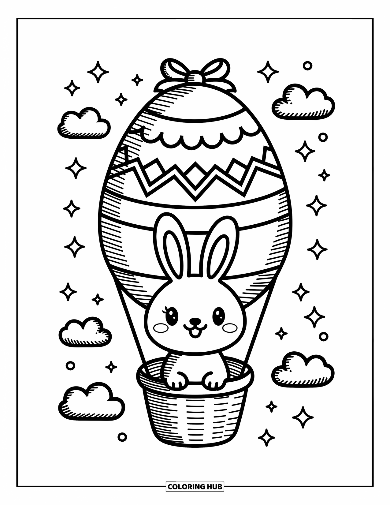Kolorowanka z Królikiem Wielkanocnym dla dorosłych: Królik jedzie w koszyku pod gigantycznym balonem na gorące powietrze w kształcie jajka, unosząc się wśród chmur