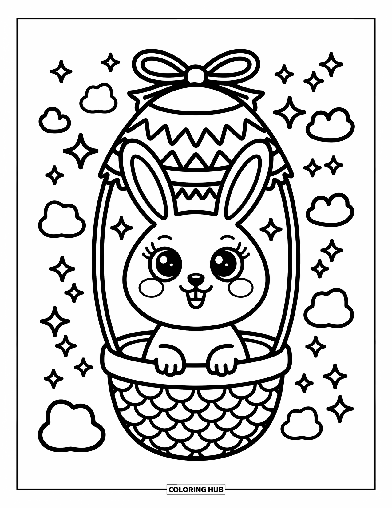Kolorowanka z Królikiem Wielkanocnym dla dorosłych: Królik leci w balonie na gorące powietrze w kształcie jajka, otoczony sennymi chmurami i migoczącymi gwiazdami
