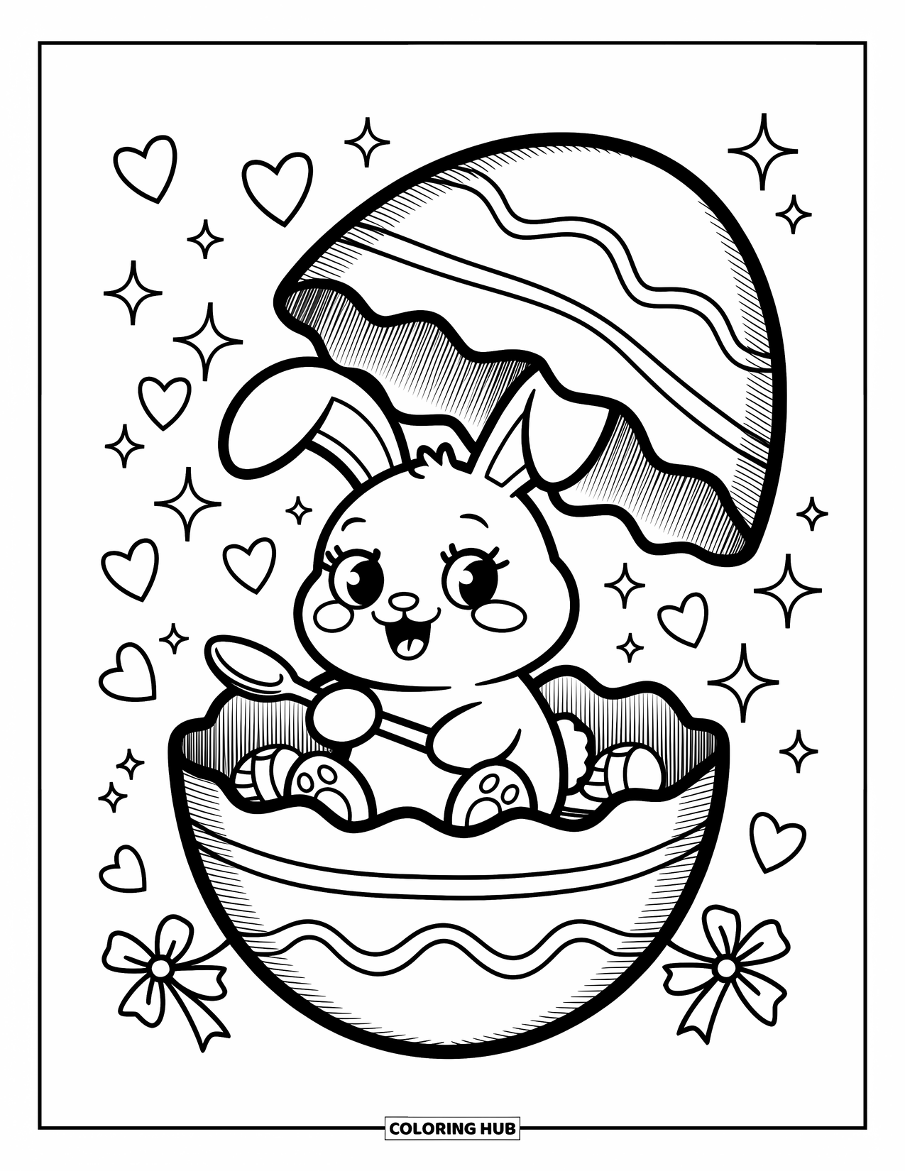 Kolorowanka z Królikiem Wielkanocnym dla dorosłych: Królik siedzi w pękniętym jajku, zaskoczony, gdy wokół unoszą się małe cukierki i gwiazdki