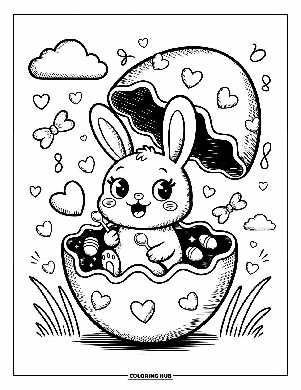 Kolorowanka z Królikiem Wielkanocnym dla dorosłych: Królik siedzi wewnątrz pękniętego jajka wielkanocnego, trzymając małą łyżeczkę i otoczony unoszącymi się cukierkami
