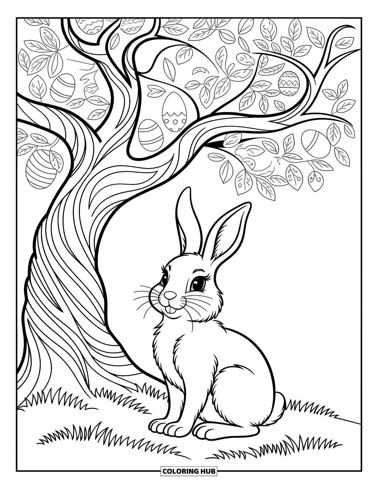Kolorowanka z Królikiem Wielkanocnym dla dorosłych: Królik siedzi pod wspaniałym, wijącym się drzewem z ukrytymi jajkami ukrytymi w jego gałęziach