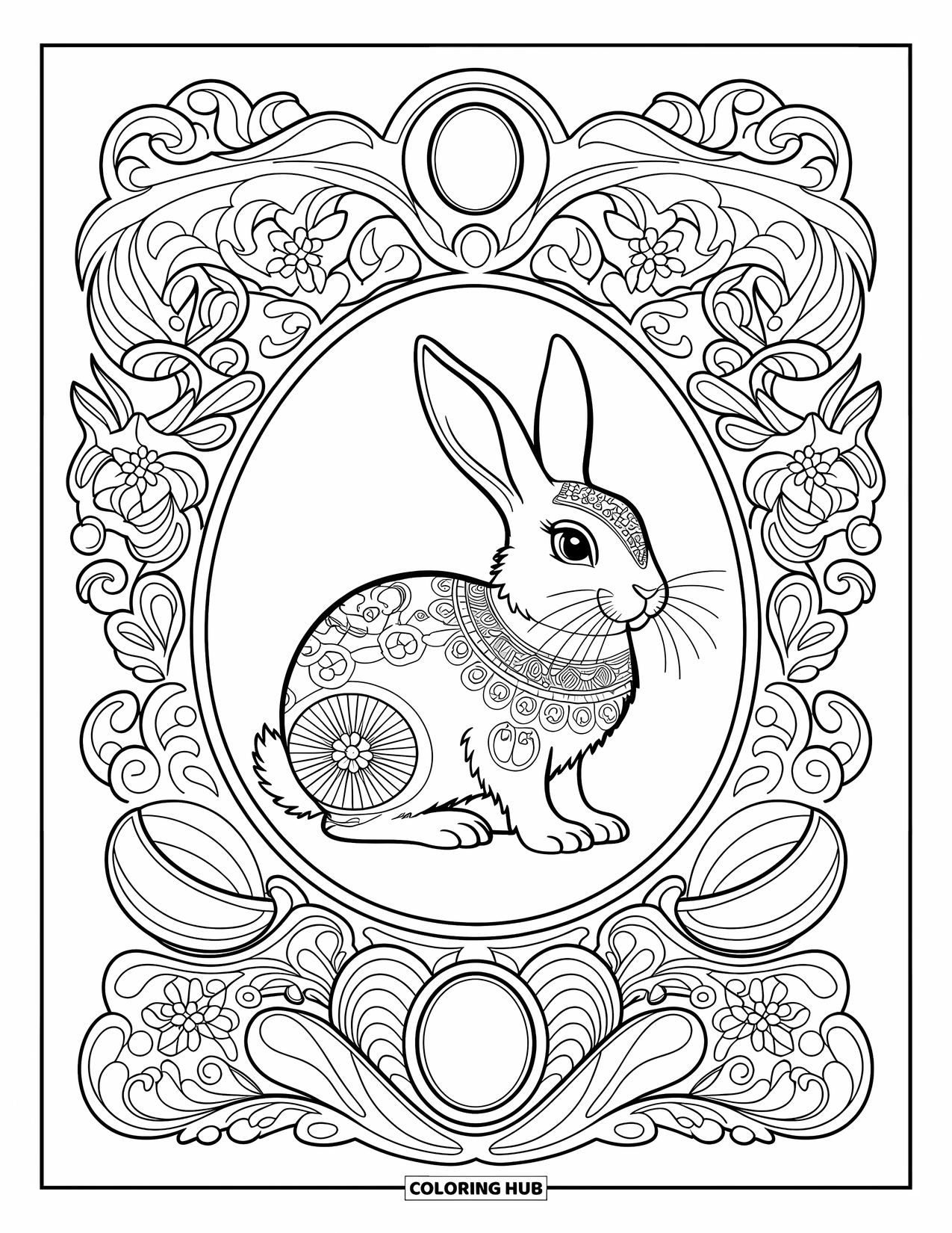 Kolorowanka z Królikiem Wielkanocnym dla dorosłych: Królik otoczony delikatnymi kwiatowymi wzorami i ozdobami w kształcie jajek w płynnej, skomplikowanej scenerii