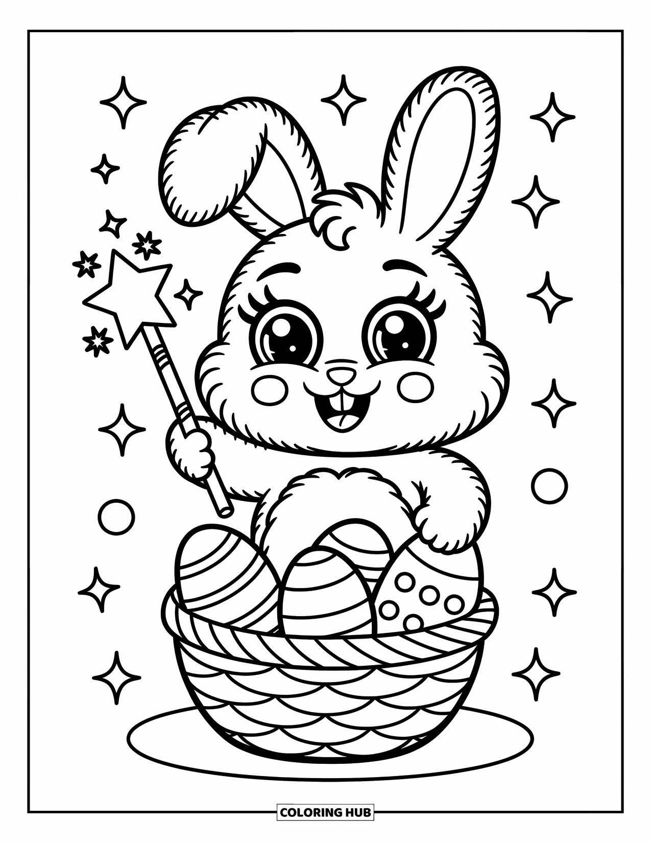 Kolorowanka z Królikiem Wielkanocnym dla dorosłych: Królik używa magicznej różdżki do dekorowania pisanek, otoczony drobnymi iskierkami i spiralami