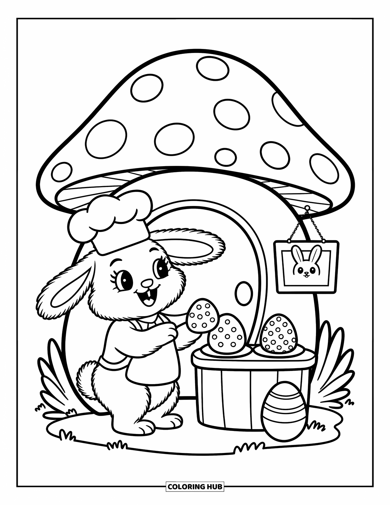 Kolorowanka z Królikiem Wielkanocnym dla dorosłych: Królik w czapce szefa kuchni przygotowuje ciasteczka przed grzybową piekarnią z przyjaznym znakiem
