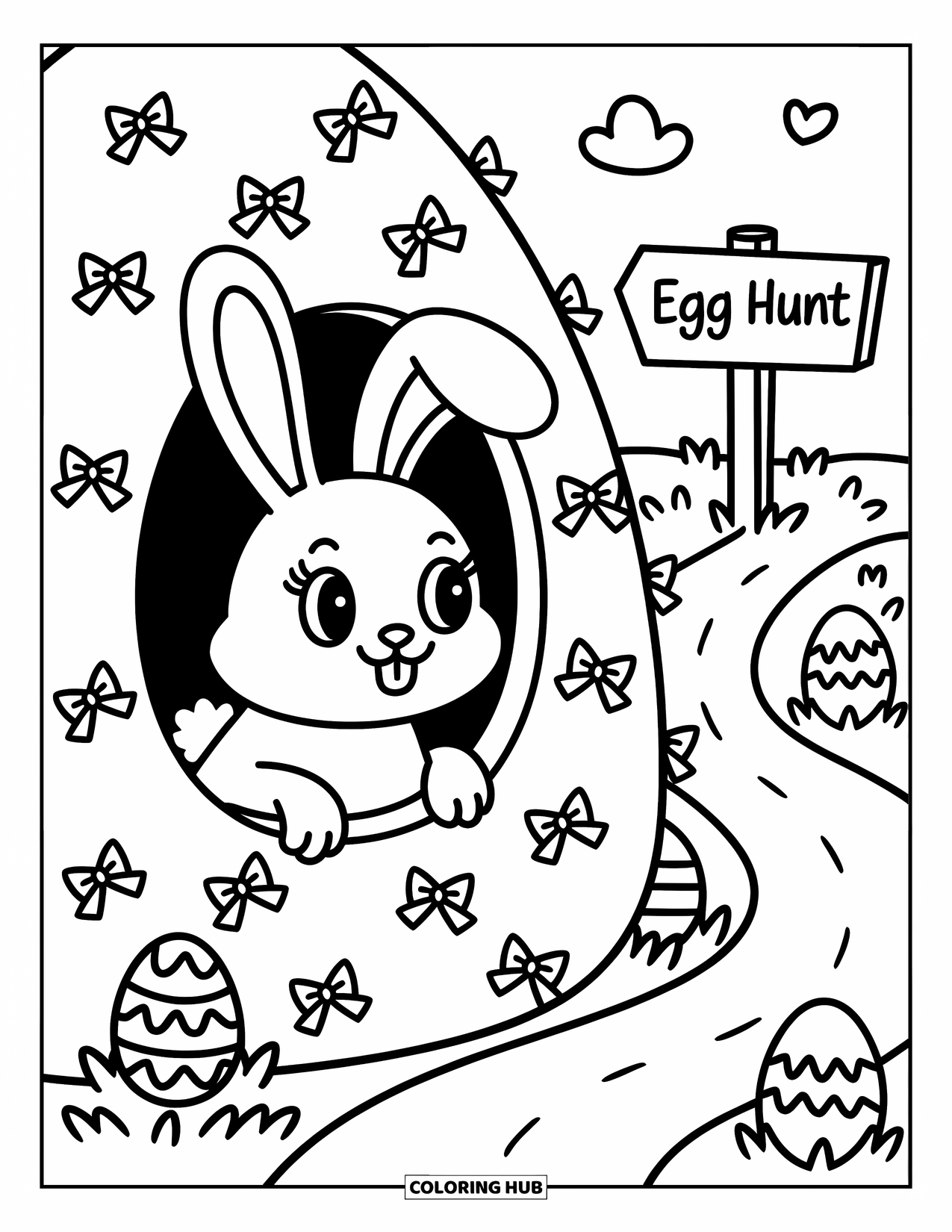 Kolorowanka z Królikiem Wielkanocnym dla dorosłych: Królik z magiczną różdżką oczarowuje koszyk pisanek, wypełniając powietrze iskierkami