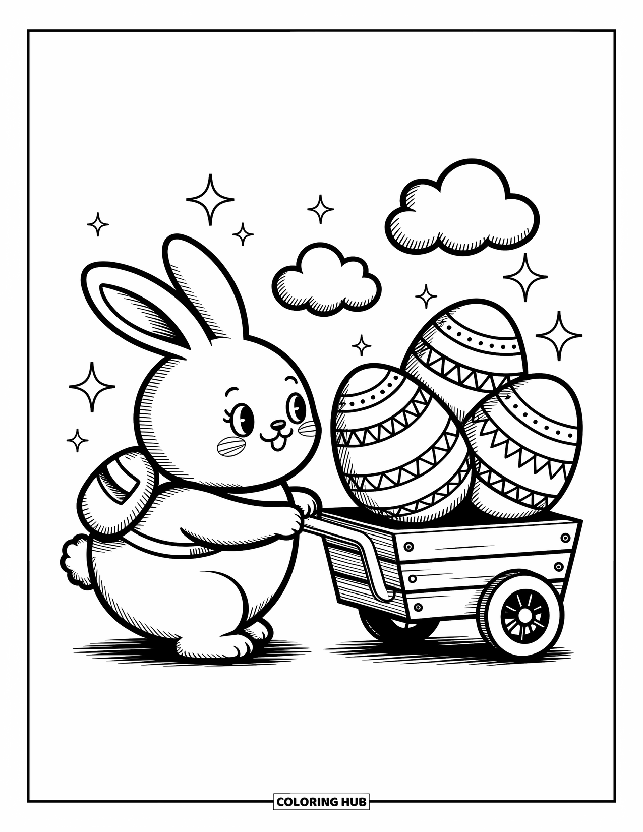 Kolorowanka z Królikiem Wielkanocnym dla dorosłych: Królik z małym plecakiem pcha wózek wypełniony dużymi pisankami w fantazyjnej scenerii