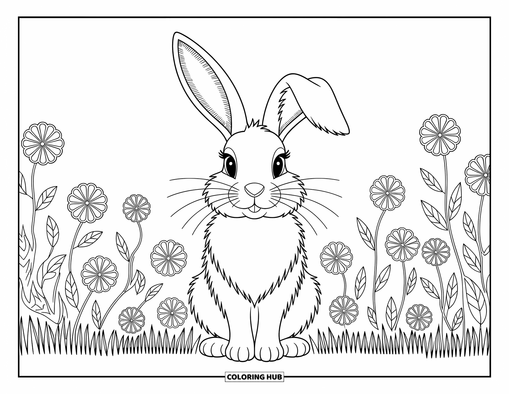 Kolorowanka z Królikiem Wielkanocnym dla dorosłych: Królik z powiewającymi, wzorzystymi uszami stoi wdzięcznie na łące delikatnych, kwitnących kwiatów