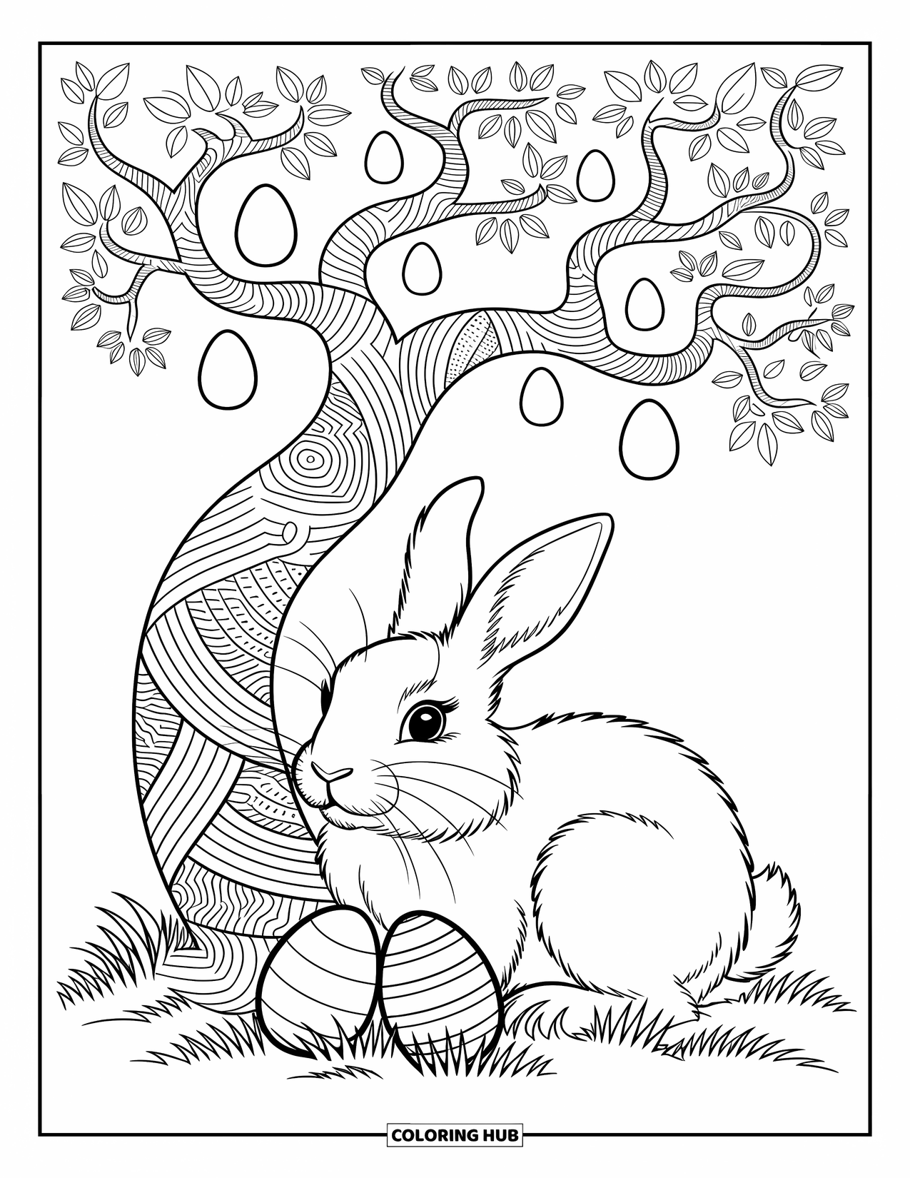 Kolorowanka z Królikiem Wielkanocnym dla dorosłych: Przytulny królik gnieździ się pod wijącym się drzewem, otoczony delikatnymi rzeźbieniami i ukrytymi jajkami