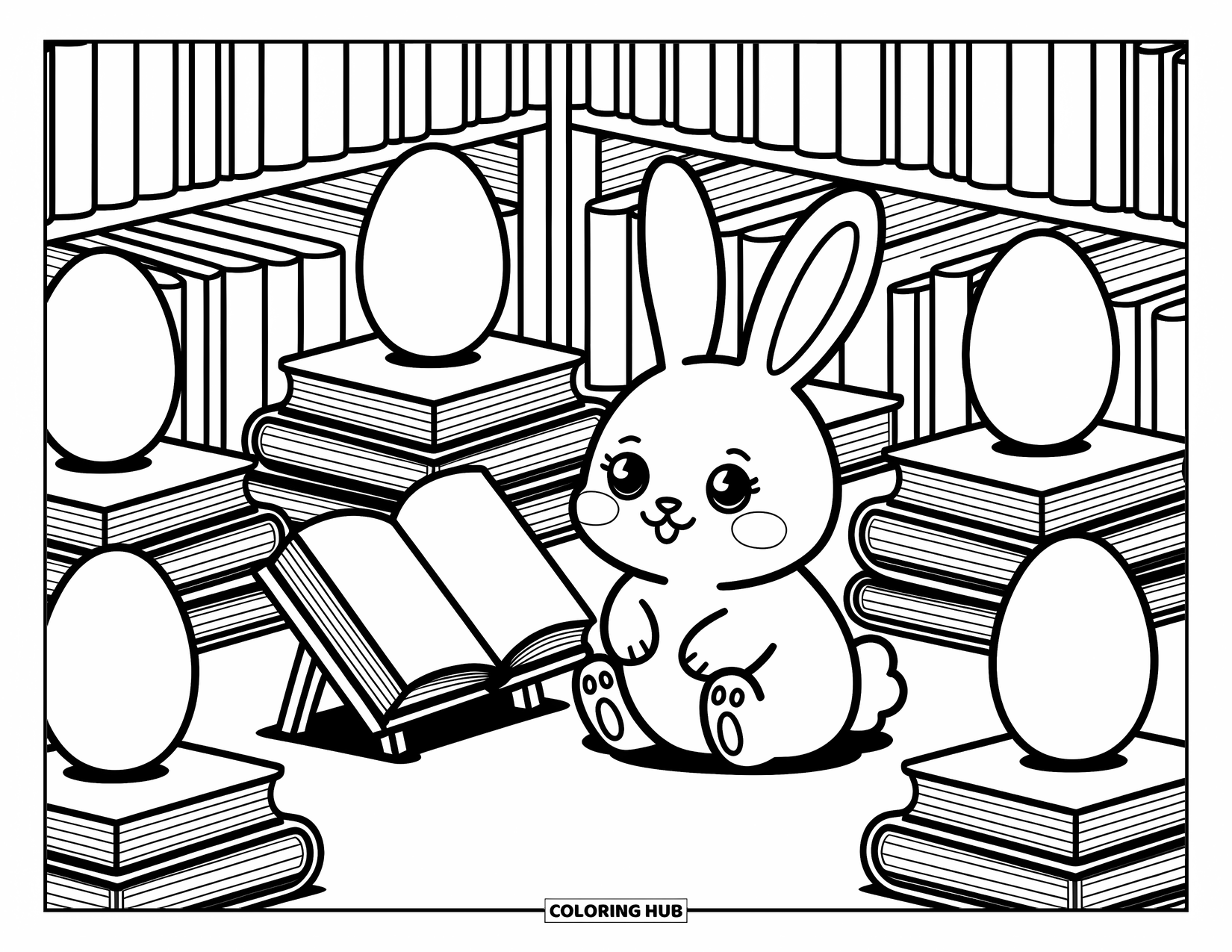 Kolorowanka z Królikiem Wielkanocnym dla dorosłych: Uroczy królik siedzi w przytulnej księgarni, otoczony stosami fantazyjnych książek w kształcie jajek