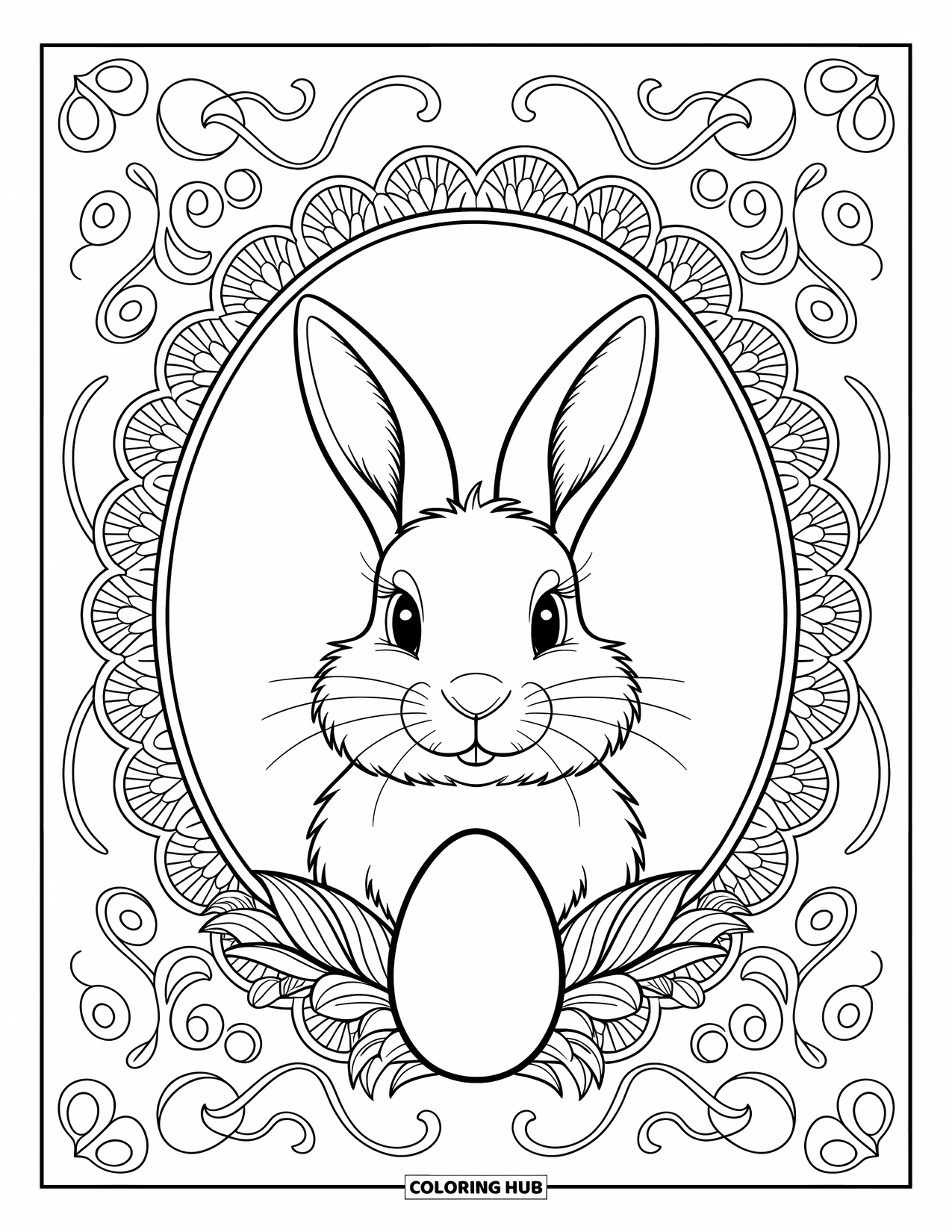 Kolorowanka z Królikiem Wielkanocnym dla dorosłych: Szczegółowy portret królika oprawiony wzorami przypominającymi koronkę, z ozdobnym jajkiem wielkanocnym poniżej
