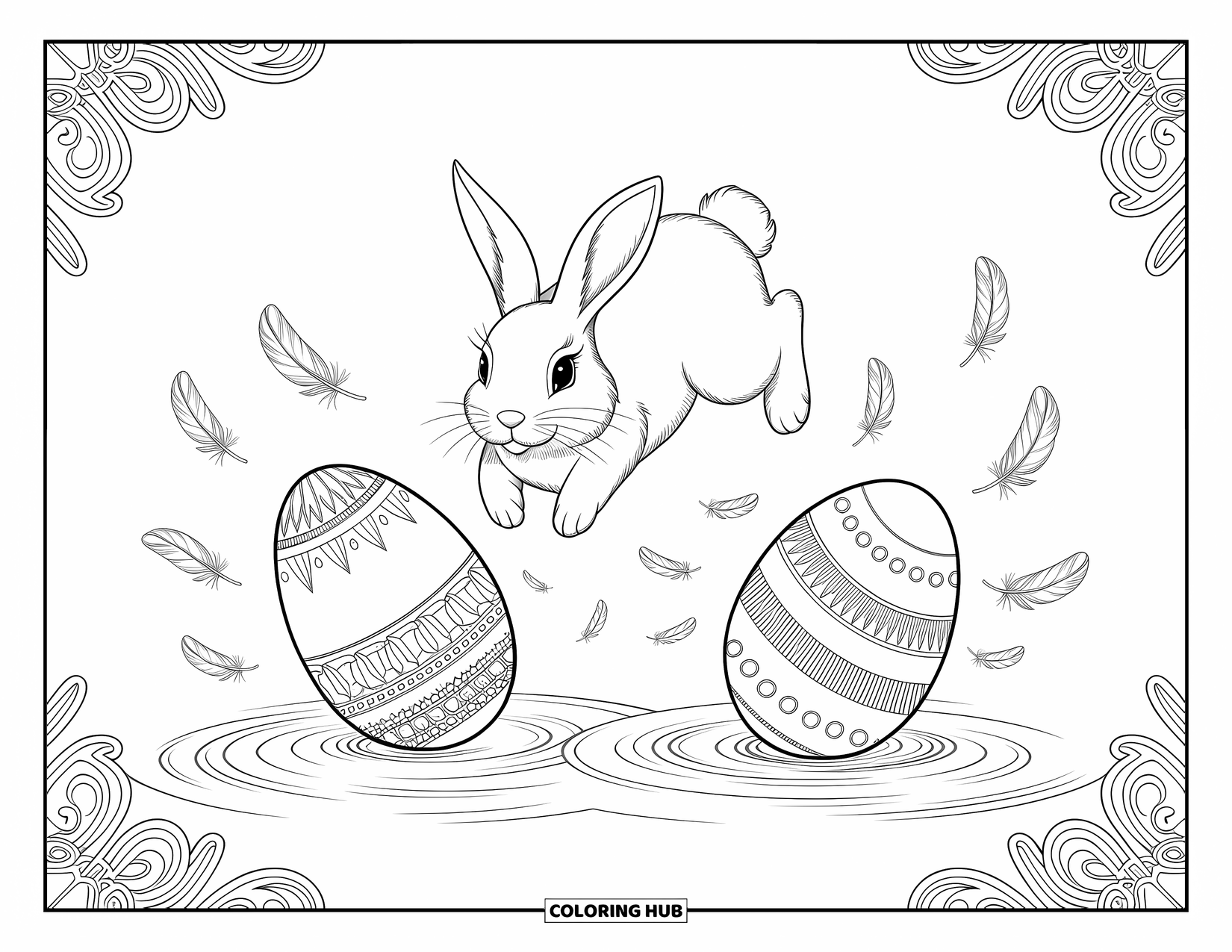 Kolorowanka z Królikiem Wielkanocnym dla dorosłych: Marzycielski królik unosi się na niebie, otoczony szczegółowymi jajkami i wdzięcznie unoszącymi się piórami
