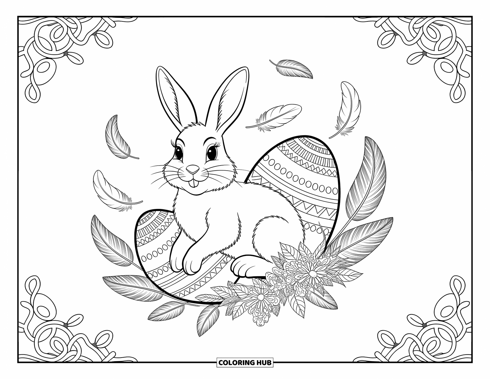 Kolorowanka z Królikiem Wielkanocnym dla dorosłych: Unoszący się Królik Wielkanocny jest otoczony skomplikowanymi jajkami i miękkimi piórami w surrealistycznej scenerii