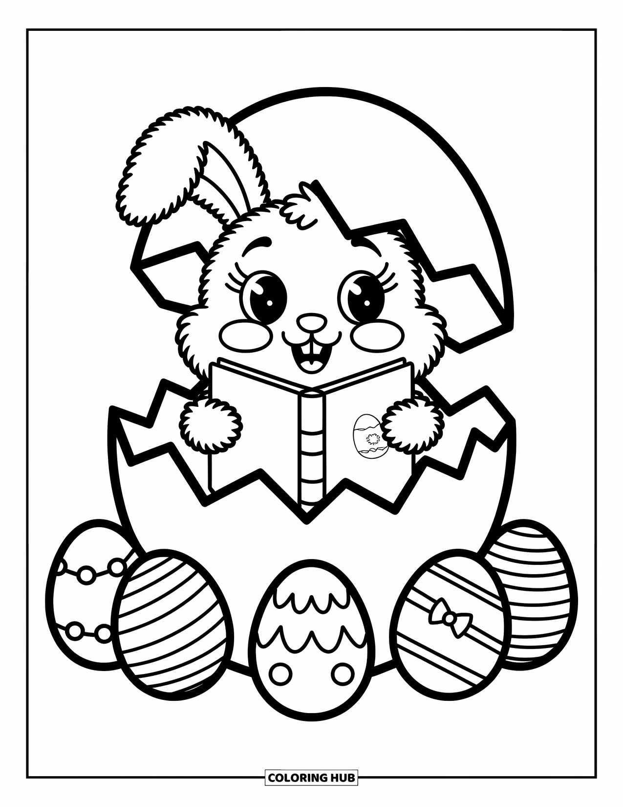 Kolorowanka z Królikiem Wielkanocnym dla dorosłych: Puszysty królik wygląda ze swojej nory, dostrzegając ukryte jajka i znak informujący o poszukiwaniu jajek