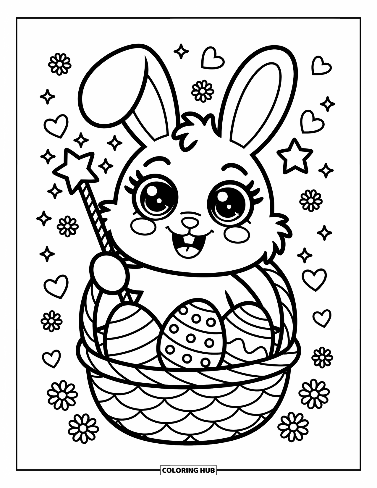 Kolorowanka z Królikiem Wielkanocnym dla dorosłych: Puszysty królik macha różdżką nad koszykiem jajek, ożywiając je magią