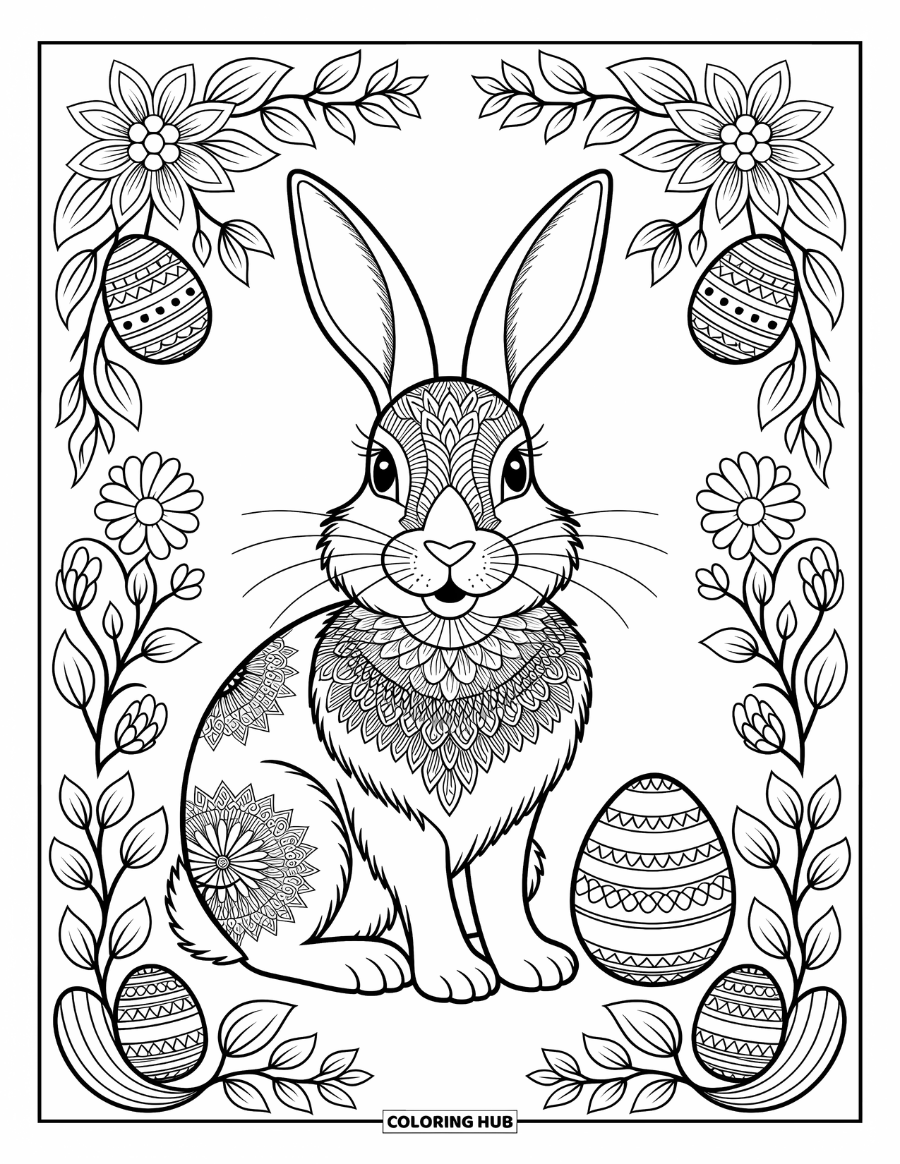 Kolorowanka z Królikiem Wielkanocnym dla dorosłych: Dostojny Królik Wielkanocny z futrem w mandale siedzi w ogrodzie kwiatów i udekorowanych jajek