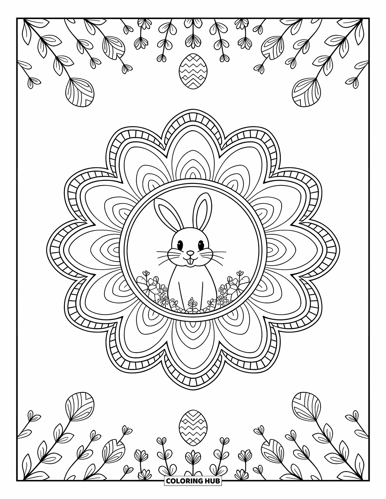 Kolorowanka z Królikiem Wielkanocnym dla dorosłych: Mandala z warstwowymi wzorami kwiatowymi i jajecznymi otacza Królika Wielkanocnego w centrum