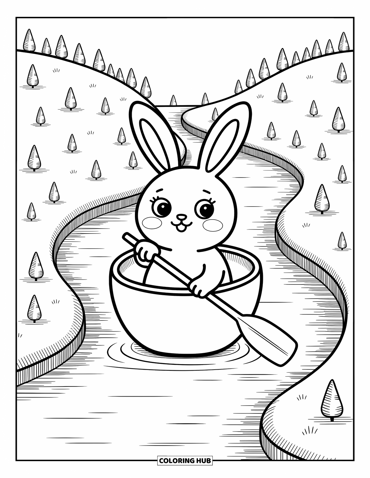 Kolorowanka z Królikiem Wielkanocnym dla dorosłych: Okrągły królik wiosłuje łódką w kształcie jajka po spokojnym strumieniu, otoczony małymi drzewkami