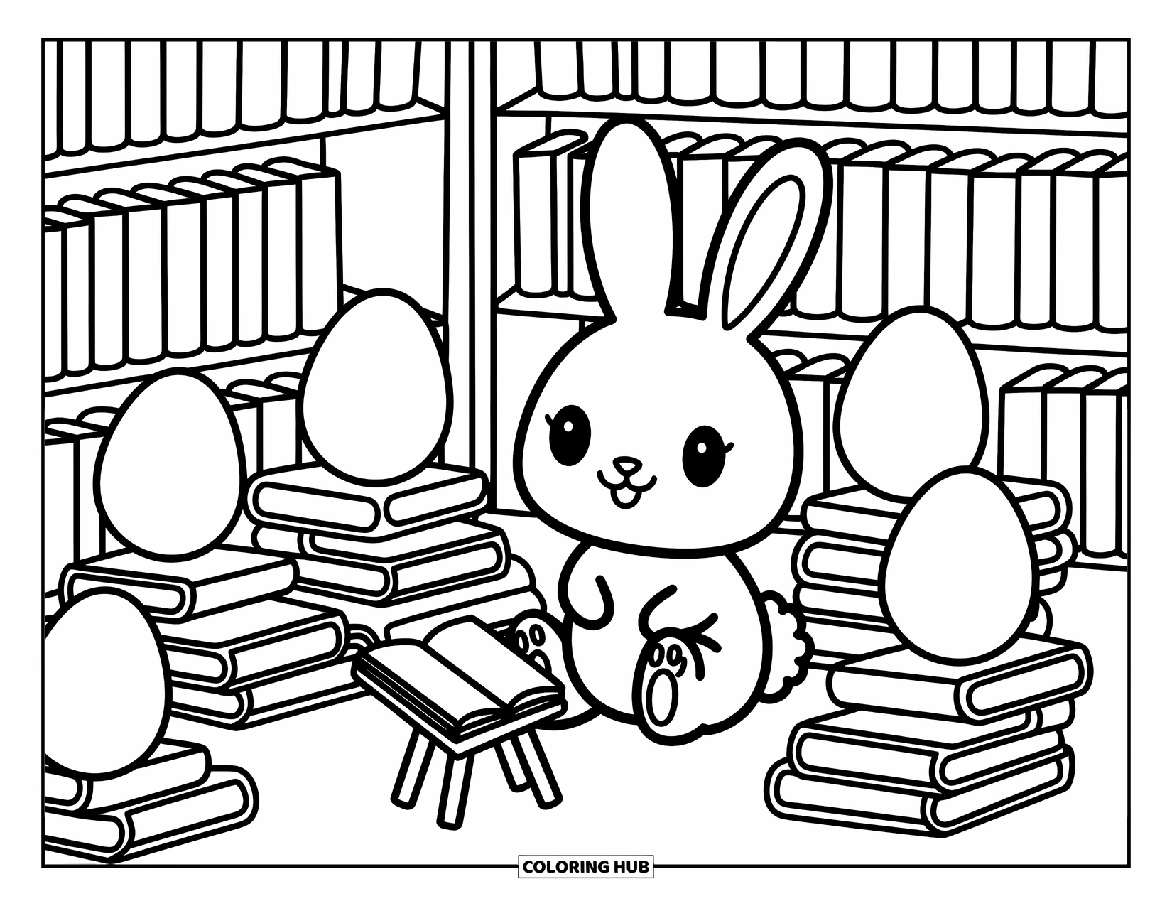 Kolorowanka z Królikiem Wielkanocnym dla dorosłych: Mały królik siedzi w fantazyjnej księgarni, otoczony stosami książek w kształcie jajek