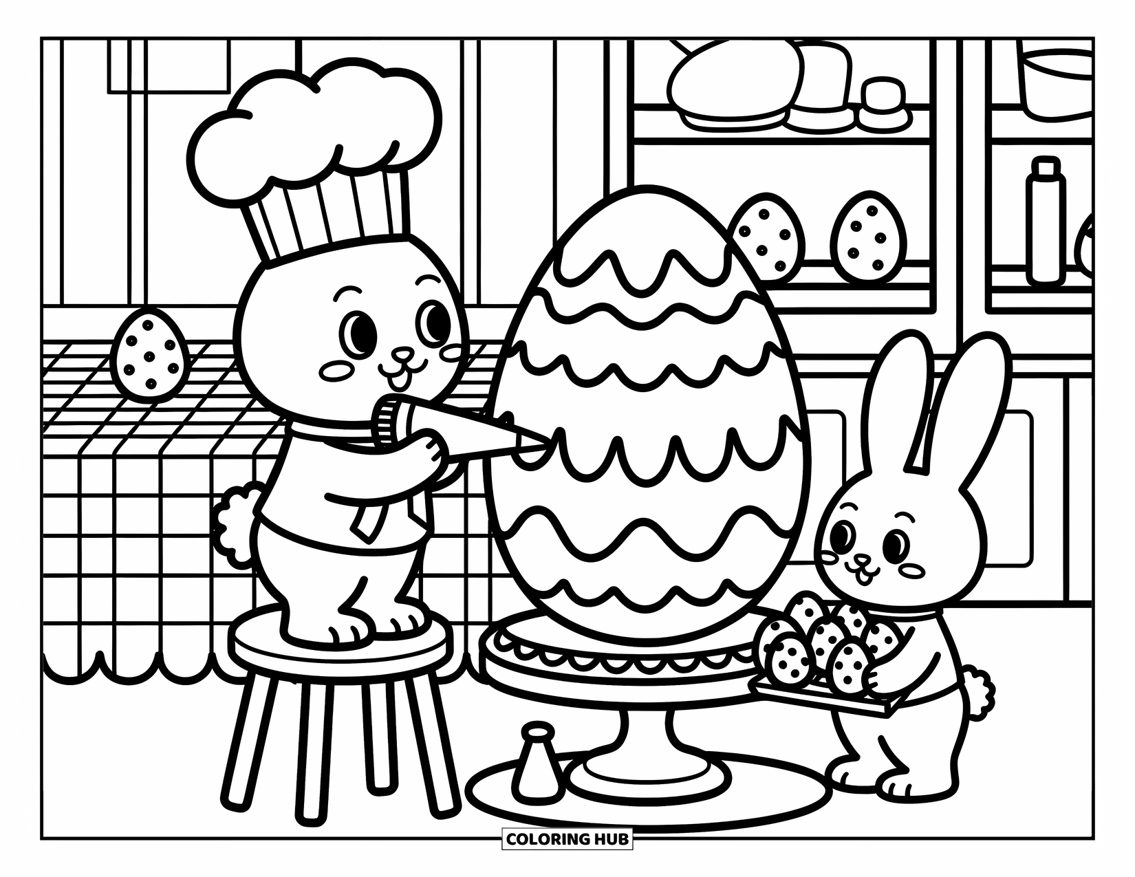 Kolorowanka z Królikiem Wielkanocnym dla dorosłych: Mały królik-szef kuchni dekoruje tort z jajka wielkanocnego, podczas gdy inny królik trzyma tacę z ciasteczkami