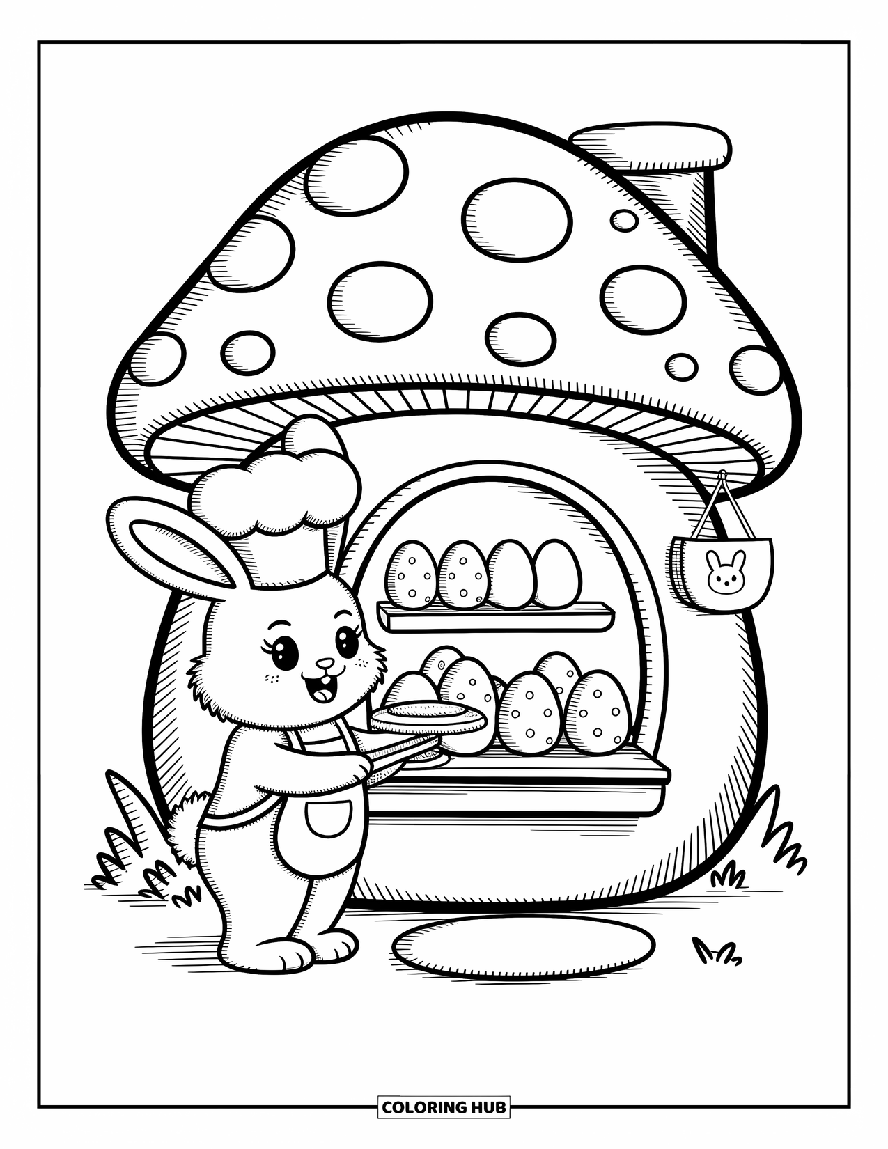 Kolorowanka z Królikiem Wielkanocnym dla dorosłych: Mały królik-szef kuchni dekoruje ciasteczka przed przytulną grzybową piekarnią ze znakiem w kształcie królika