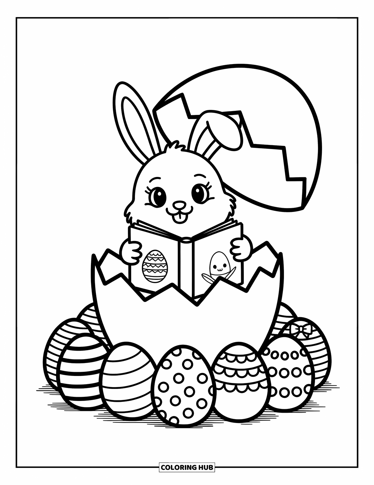 Kolorowanka z Królikiem Wielkanocnym dla dorosłych: Mały króliczek przytulnie siedzi w pękniętym jajku, czytając książkę obok wesołych, udekorowanych jajek