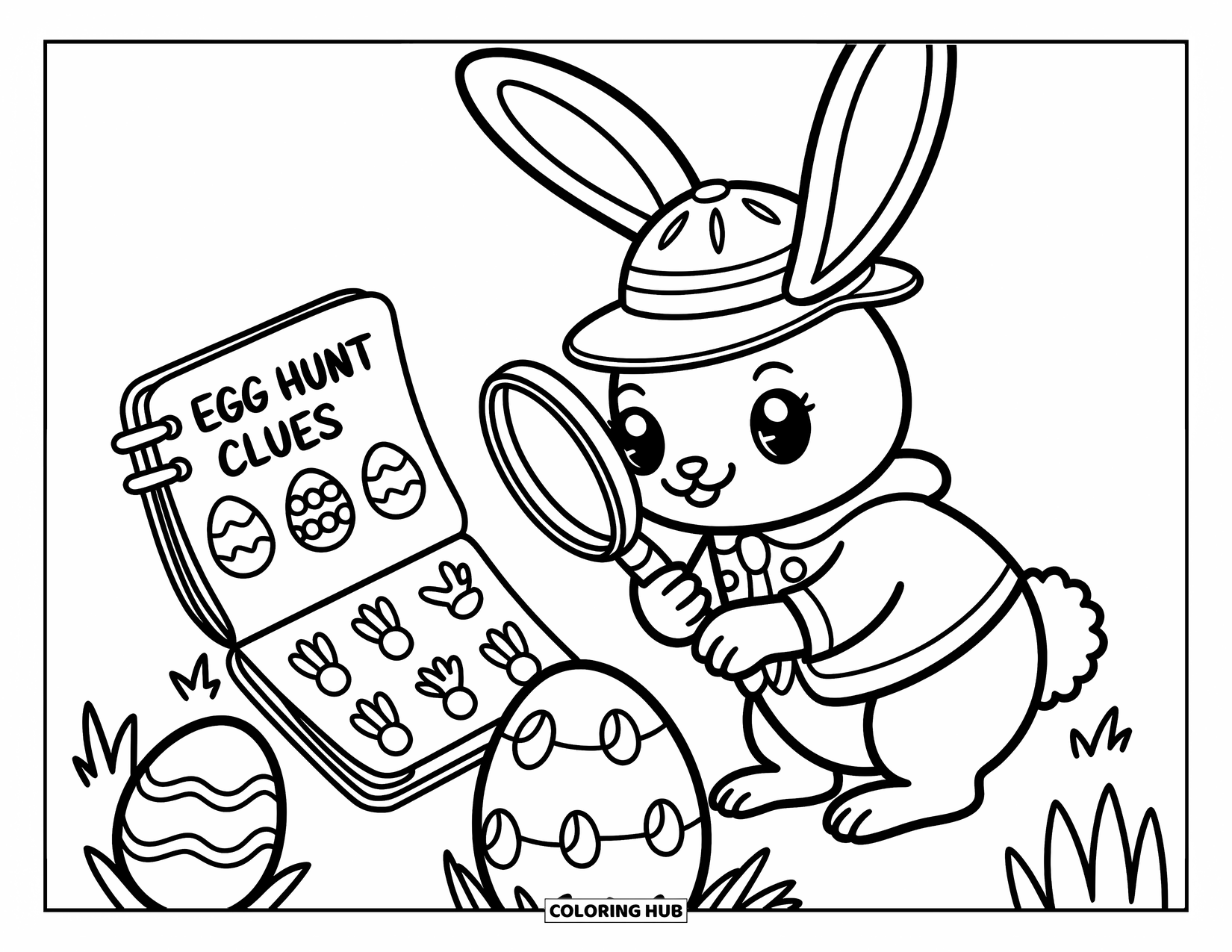 Kolorowanka z Królikiem Wielkanocnym dla dorosłych: Mały królik-detektyw analizuje wskazówki w notatniku podczas poszukiwania ukrytych pisanek