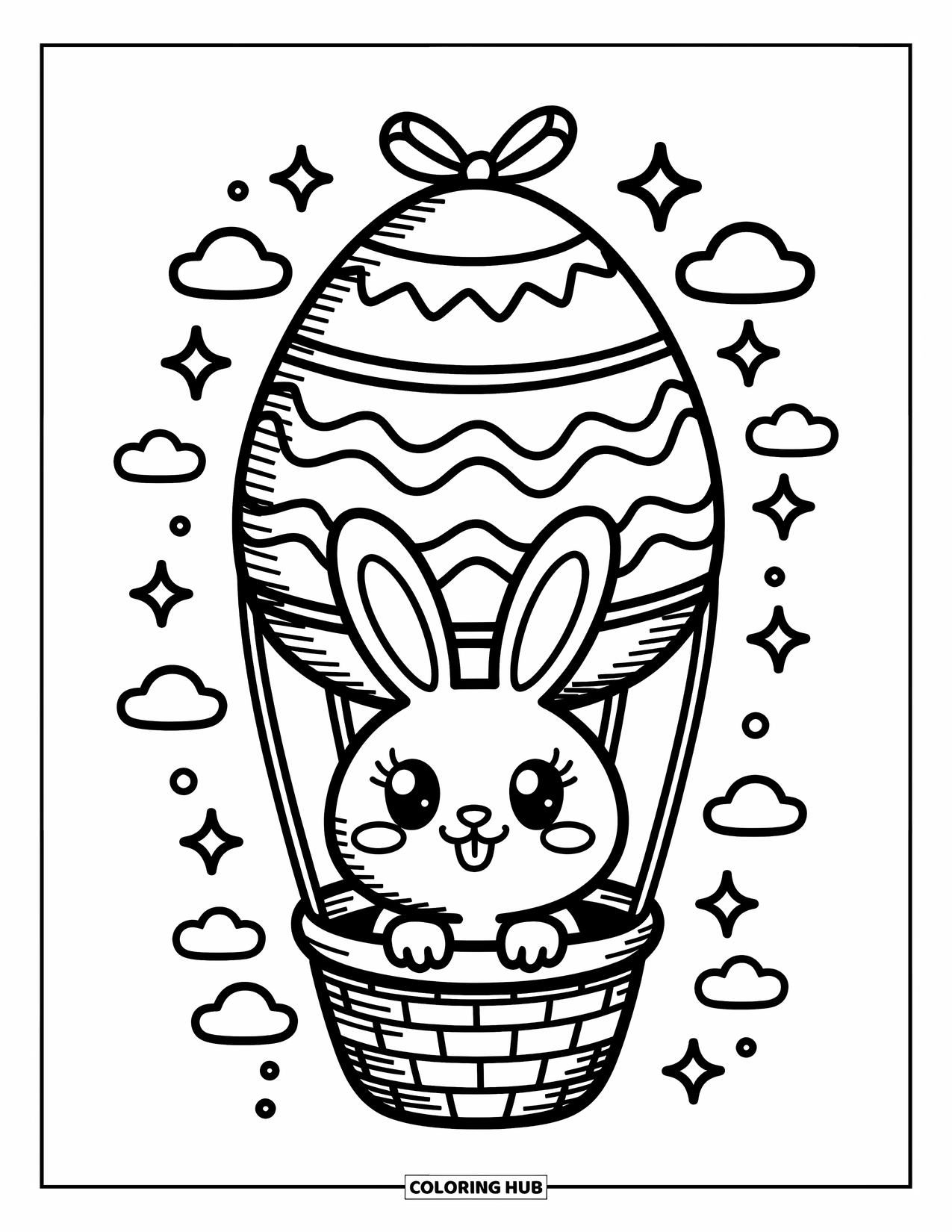 Kolorowanka z Królikiem Wielkanocnym dla dorosłych: Mały króliczek dryfuje w koszyku pod balonem w kształcie jajka, unosząc się wśród gwiazd i iskier