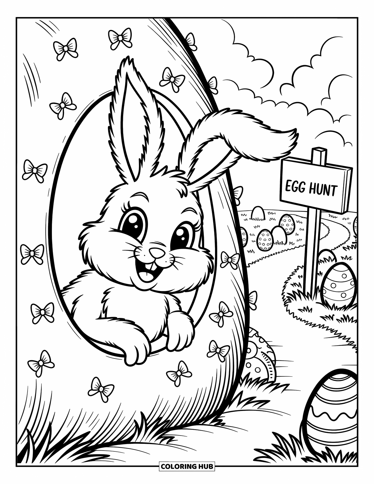Kolorowanka z Królikiem Wielkanocnym dla dorosłych: Mały króliczek wygląda z nory, z pobliskim znakiem wskazującym na poszukiwanie pisanek