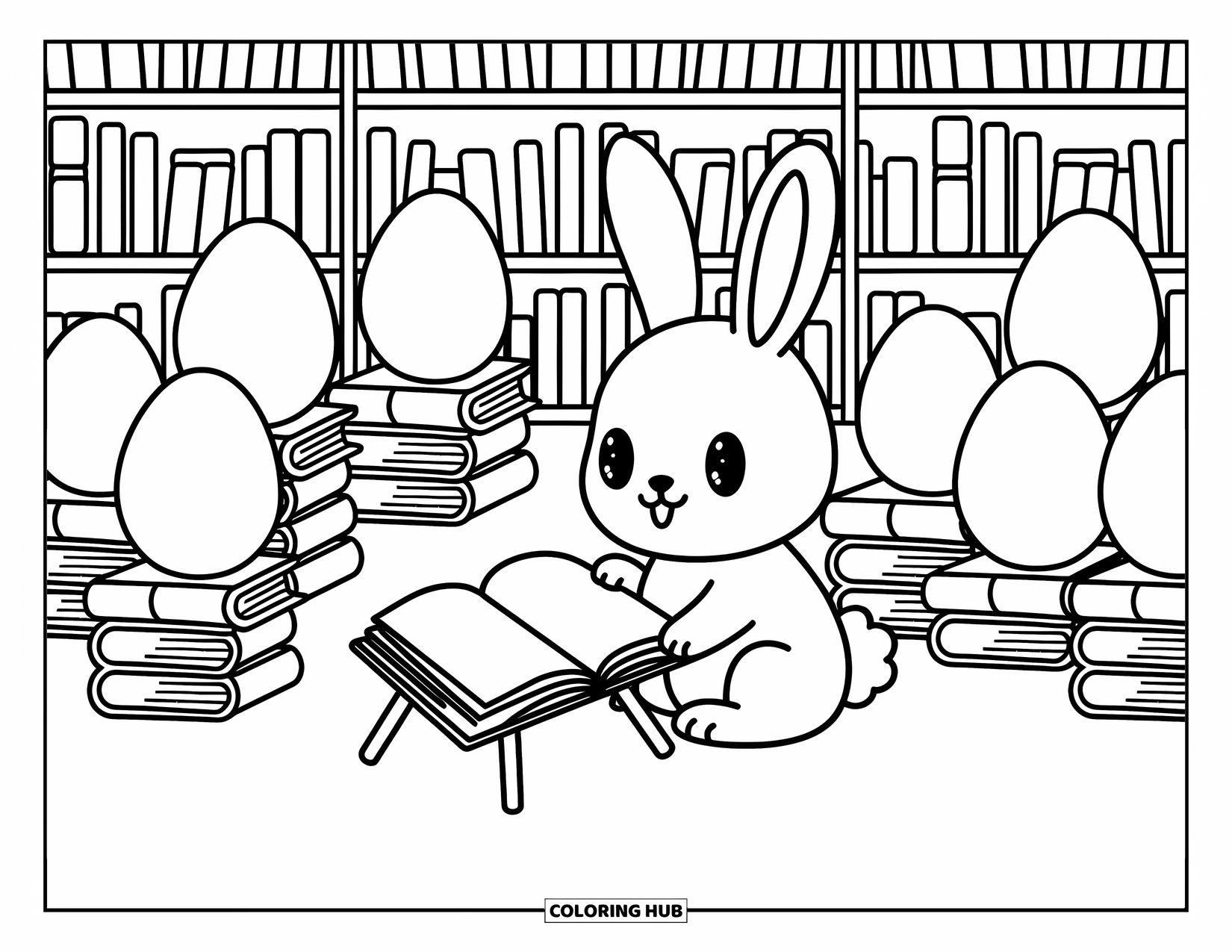 Kolorowanka z Królikiem Wielkanocnym dla dorosłych: Mały króliczek czyta w pobliżu otwartej książki w uroczej księgarni wypełnionej zabawnymi stosami książek