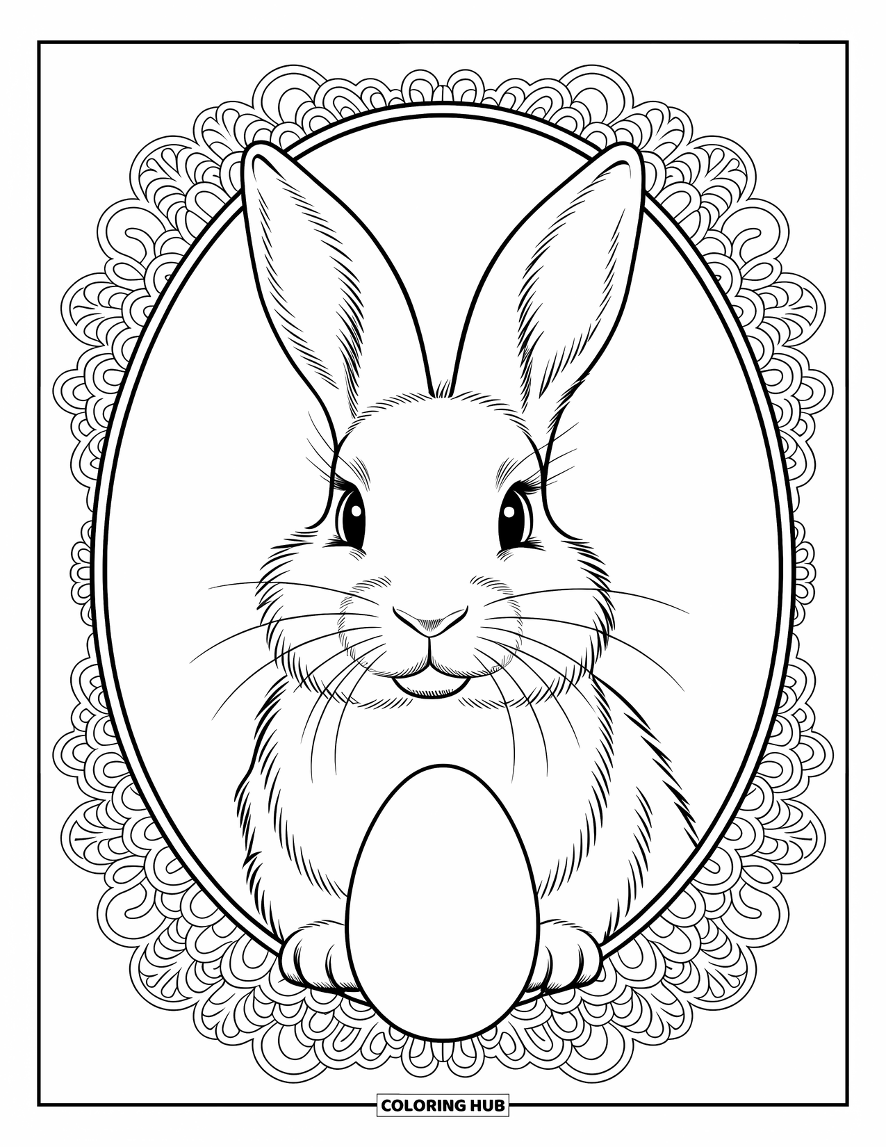 Kolorowanka z Królikiem Wielkanocnym dla dorosłych: Portret Królika Wielkanocnego w stylu vintage, oprawiony wzorami przypominającymi koronkę, z eleganckim jajkiem na dole