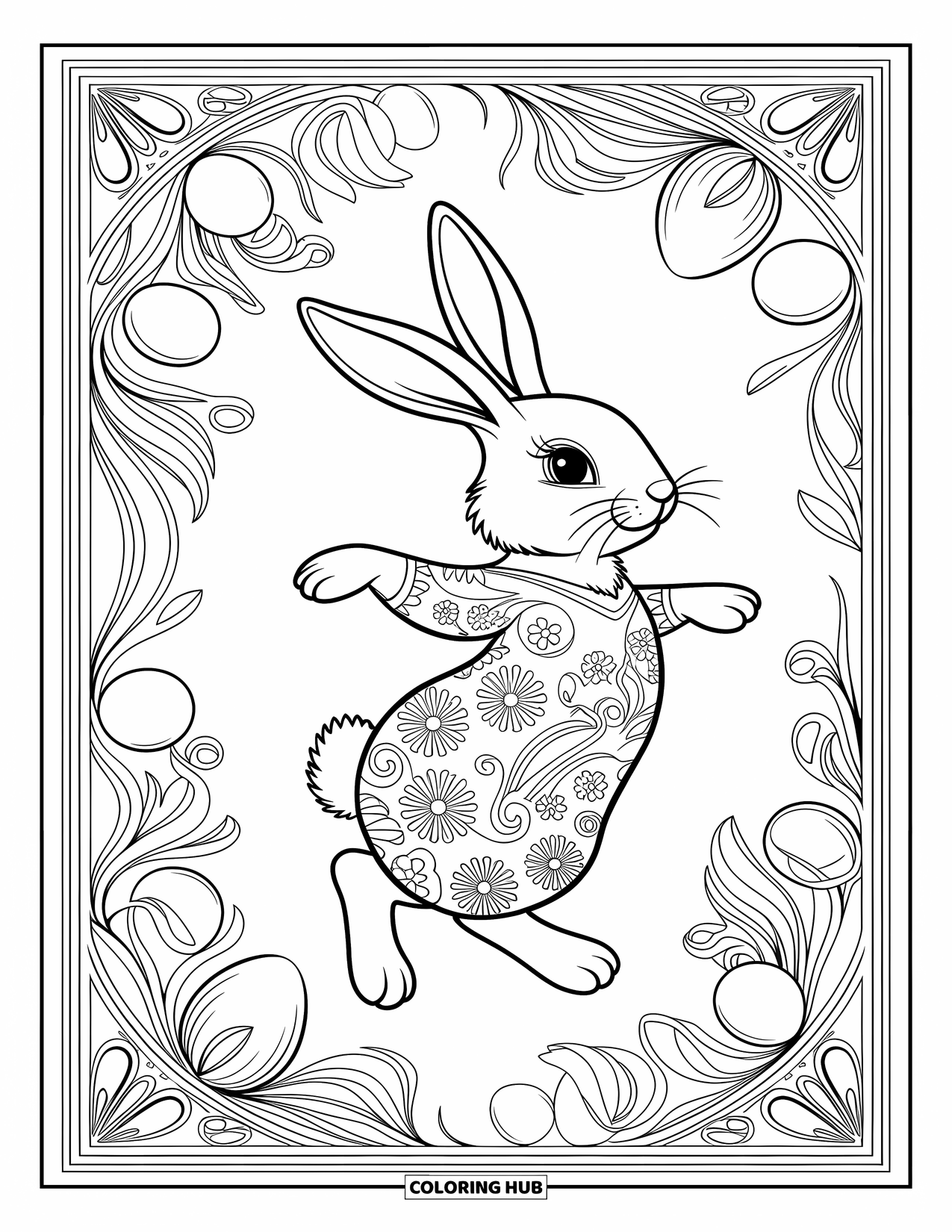 Kolorowanka z Królikiem Wielkanocnym dla dorosłych: Królik Wielkanocny tańczy wśród wirujących kwiatowych wzorów, łącząc style Art Nouveau i wzory sztuki ludowej