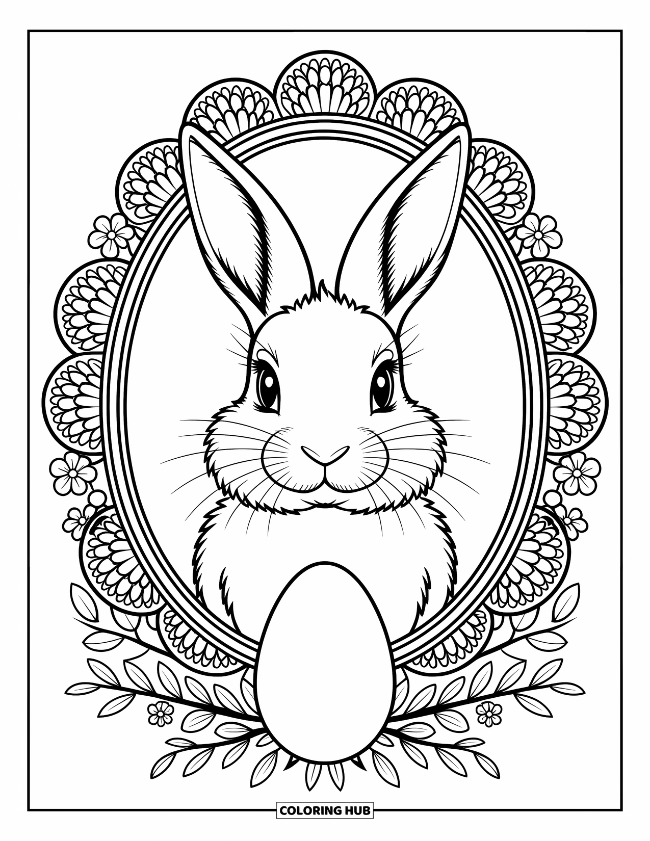 Kolorowanka z Królikiem Wielkanocnym dla dorosłych: Portret Królika Wielkanocnego ze skomplikowanymi wzorami koronkowymi i dekoracyjnym jajkiem jako centralnym elementem