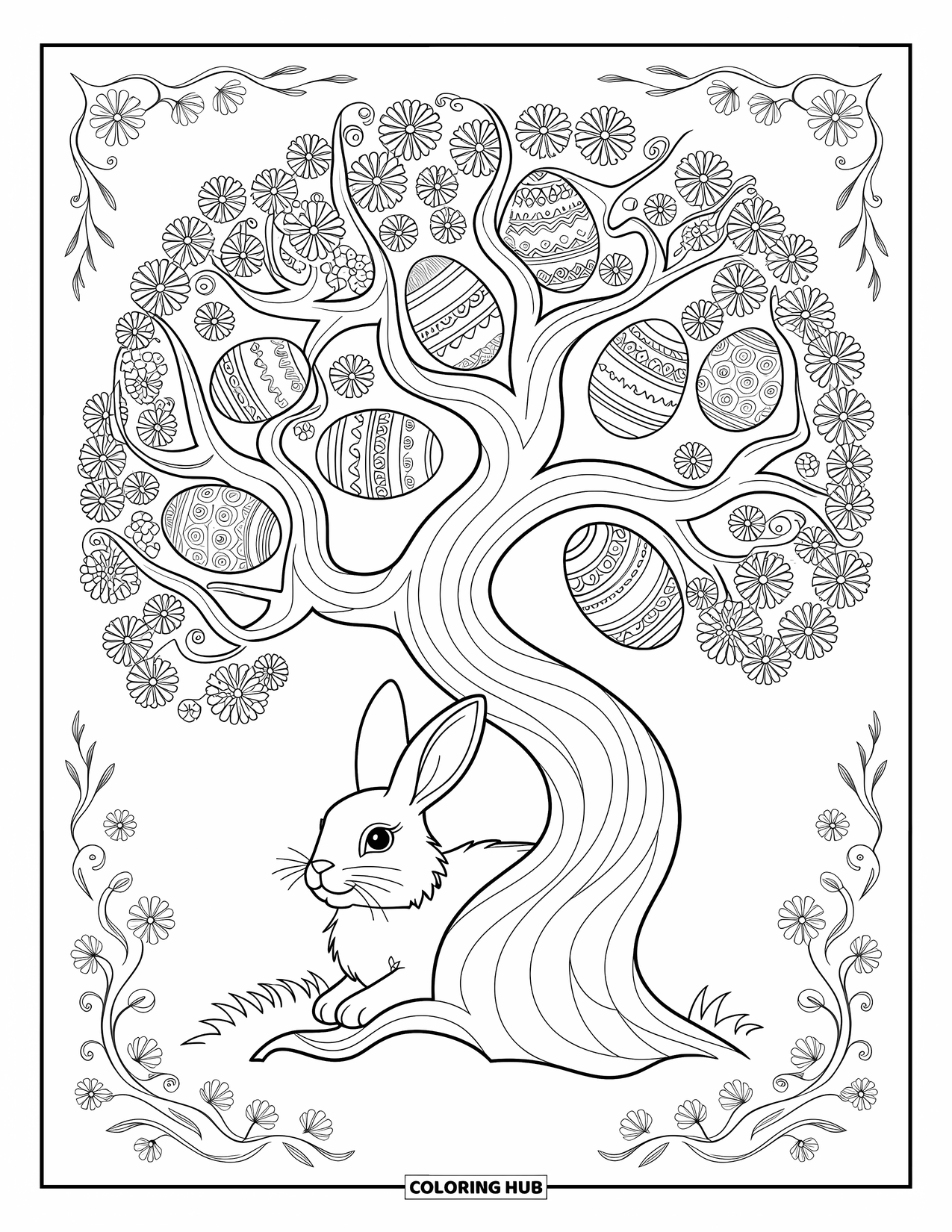 Kolorowanka z Królikiem Wielkanocnym dla dorosłych: Królik Wielkanocny odpoczywa pod dużym drzewem wypełnionym skomplikowanymi rzeźbieniami i ukrytymi jajkami
