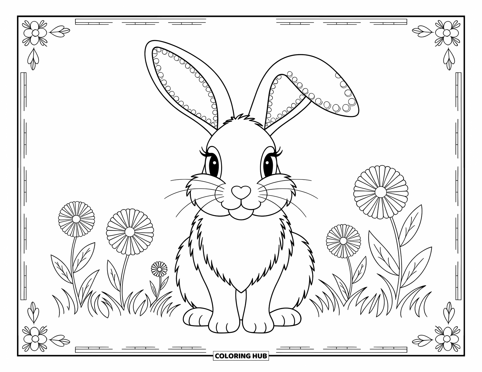 Kolorowanka z Królikiem Wielkanocnym dla dorosłych: Królik Wielkanocny z powiewającymi, wzorzystymi uszami stoi na spokojnej łące delikatnych kwiatów