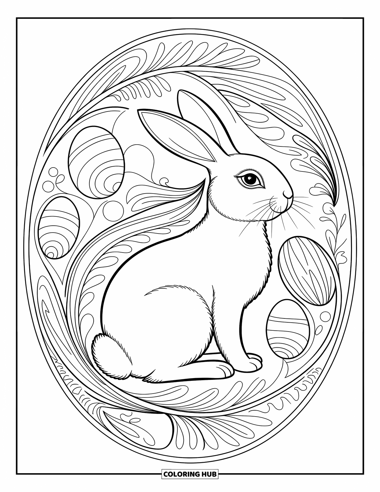 Kolorowanka z Królikiem Wielkanocnym dla dorosłych: Królik Wielkanocny ze skomplikowanymi wzorami kwiatowymi i jajecznymi tańczy we wzorze inspirowanym secesją