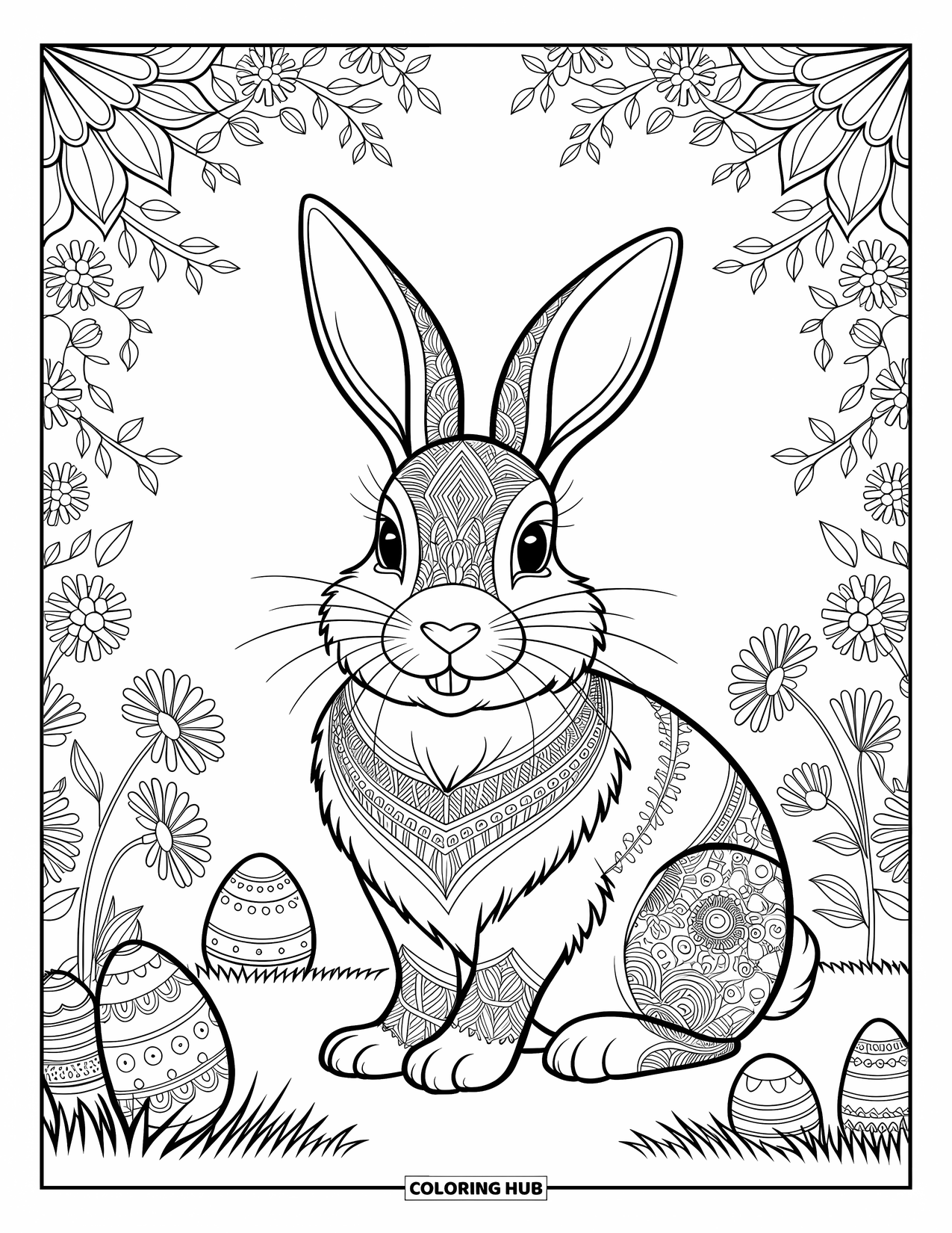 Kolorowanka z Królikiem Wielkanocnym dla dorosłych: Królik Wielkanocny ze wzorami inspirowanymi mandalą siedzi w bujnym ogrodzie ze szczegółowymi kwiatowymi wzorami