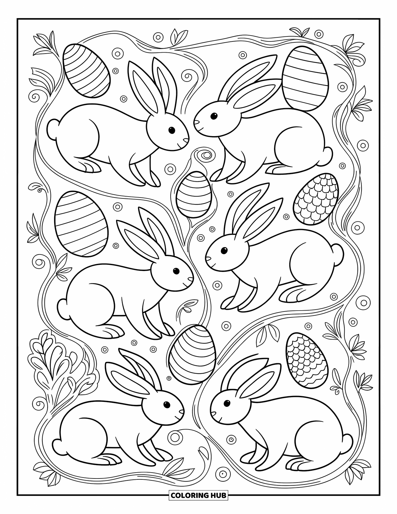 Kolorowanka z Królikiem Wielkanocnym dla dorosłych: Króliki w zabawnych pozach przeplatają się przez pnącza i wirujące wzory, tworząc kapryśną kompozycję