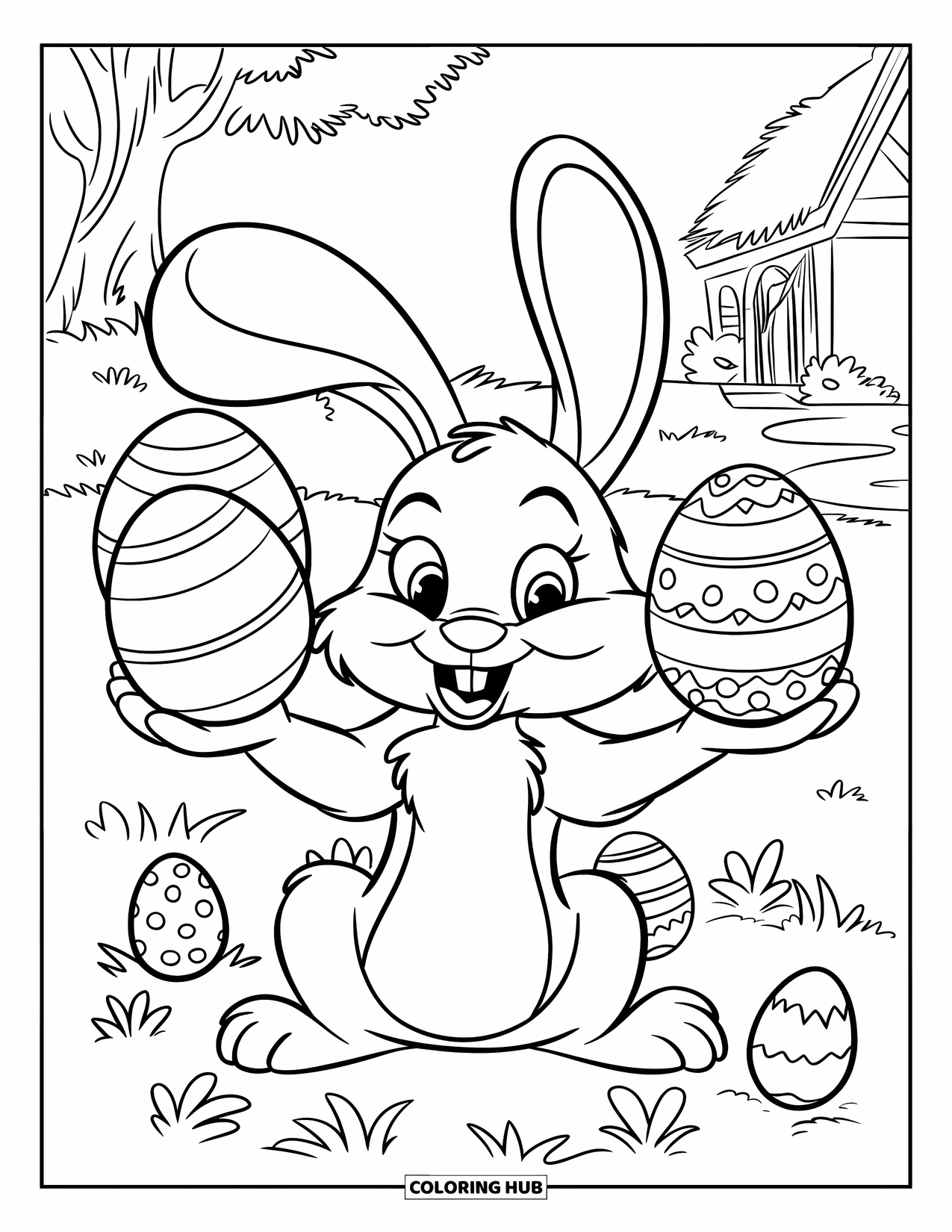 Kolorowanka z Królikiem Wielkanocnym dla dzieci: Królik ostrożnie balansuje trzema pisankami w łapach, siedząc na trawiastym polu