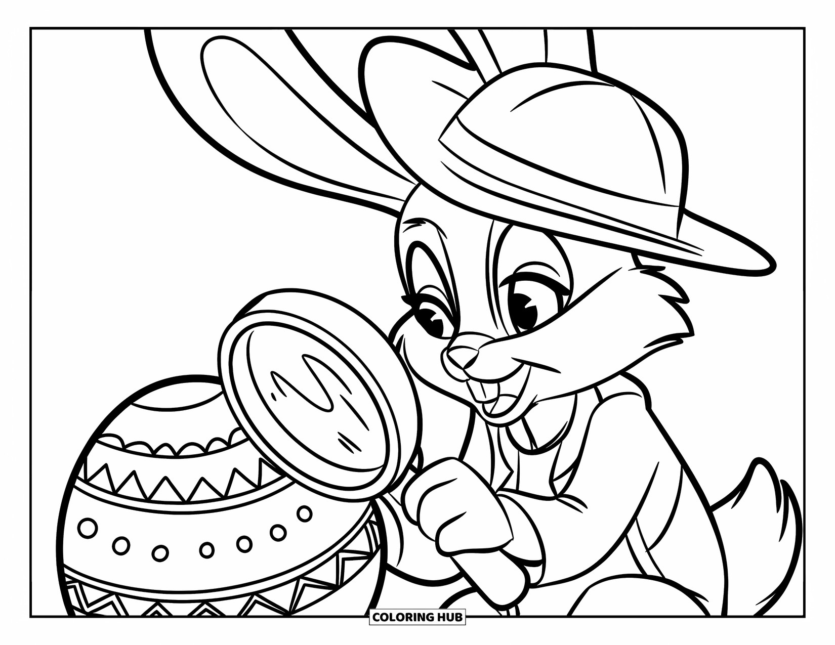 Kolorowanka z Królikiem Wielkanocnym dla dzieci: Królik detektyw w kapeluszu ogląda jajko przez lupę, szukając sekretnych szczegółów