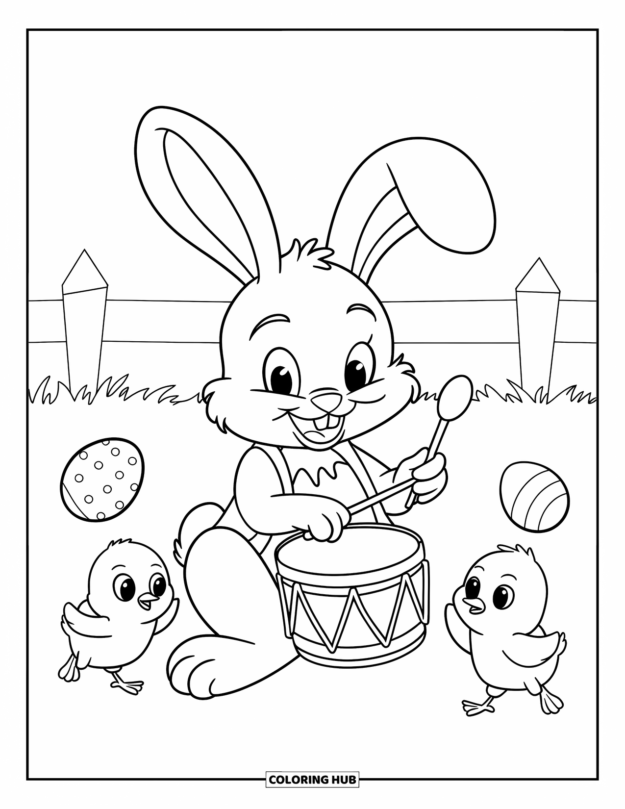 Kolorowanka z Królikiem Wielkanocnym dla dzieci: Królik bębniarz gra radośnie, gdy kurczaki skaczą dookoła, a jajka toczą się po trawiastym polu