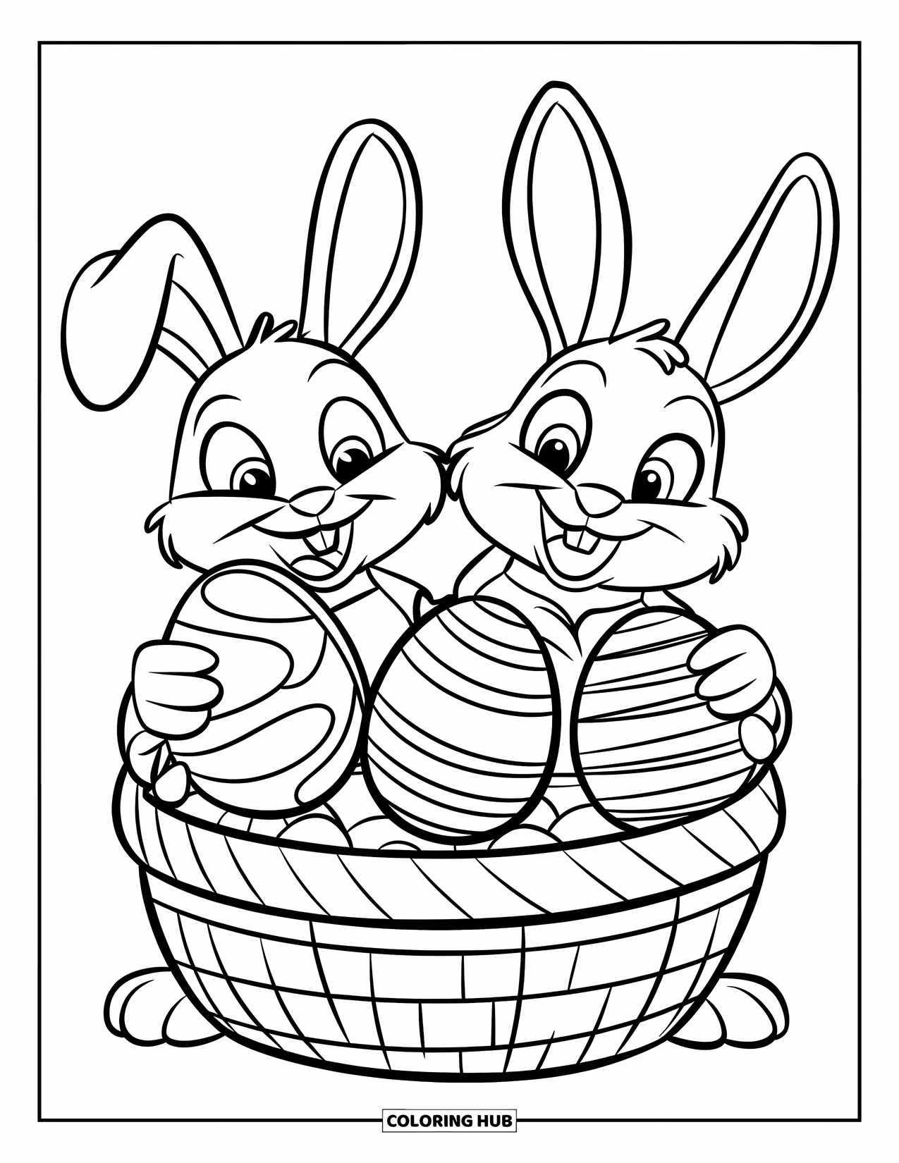 Kolorowanka z Królikiem Wielkanocnym dla dzieci: Królicza rodzina zbiera się wokół dużego koszyka wielkanocnego, każdy trzyma ozdobione jajko