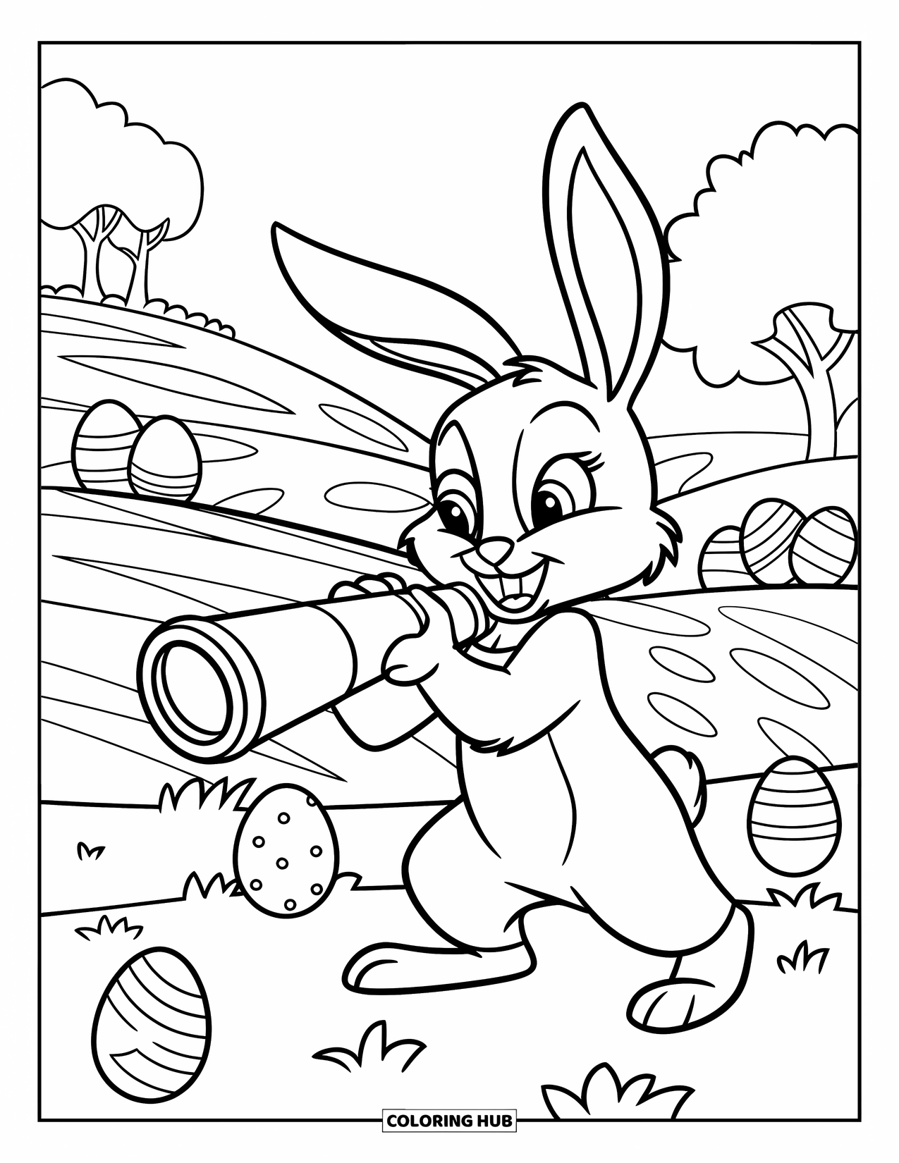 Kolorowanka z Królikiem Wielkanocnym dla dzieci: Królik trzyma teleskop, szukając ukrytych pisanek na wzgórzach i wśród drzew