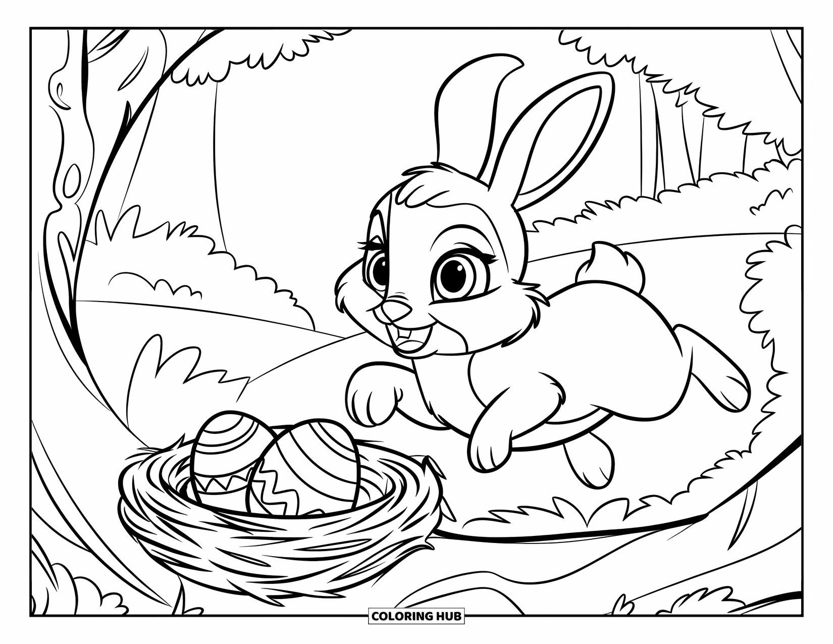 Kolorowanka z Królikiem Wielkanocnym dla dzieci: Królik skacze w kierunku gniazda ze wzorzystymi jajkami leżącego na gałęzi drzewa