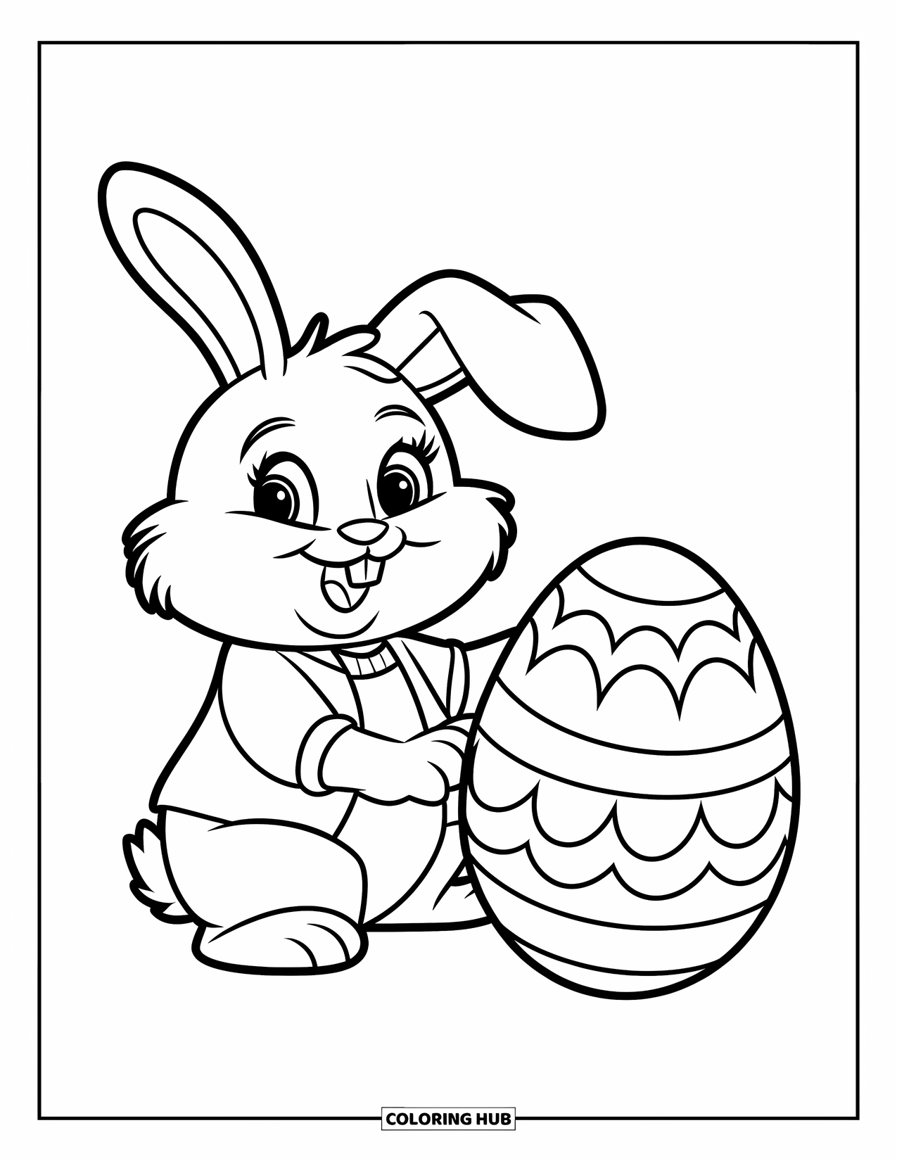 Kolorowanka z Królikiem Wielkanocnym dla dzieci: Królik w niebieskiej koszuli i czerwonej kamizelce siedzi szczęśliwie obok dużego jajka