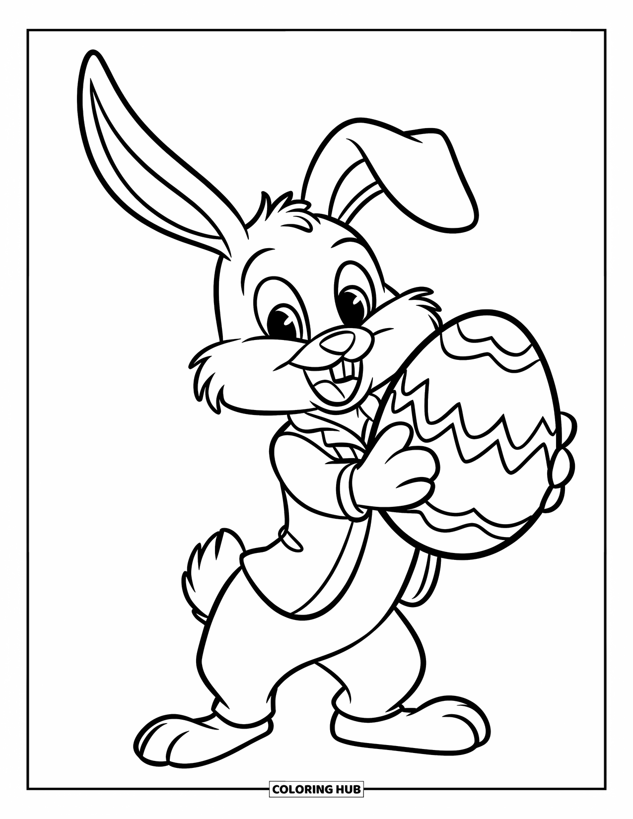 Kolorowanka z Królikiem Wielkanocnym dla dzieci: Królik w zielonym garniturze stoi na tylnych łapach, radośnie trzymając duże pisankę
