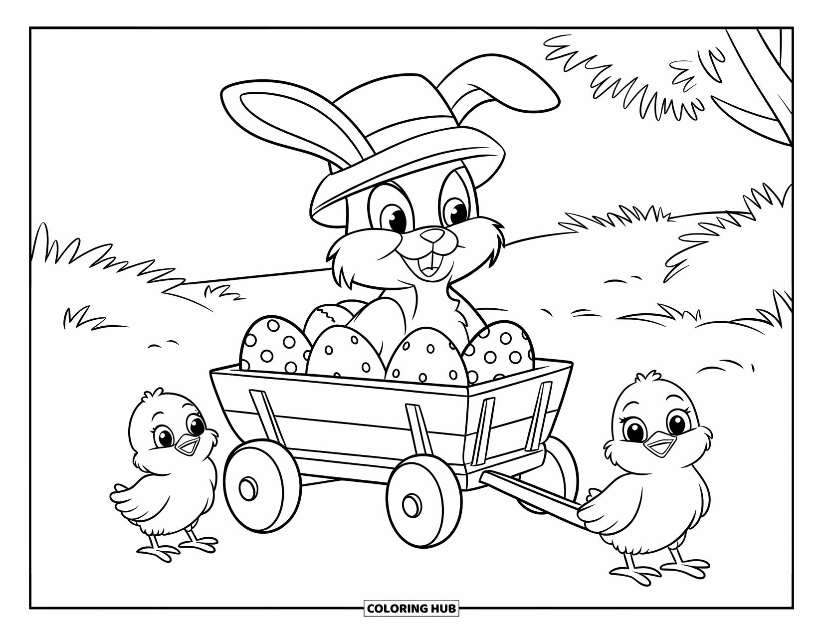 Kolorowanka z Królikiem Wielkanocnym dla dzieci: Królik w kapeluszu siedzi w wozie pełnym jajek, ciągniętym przez dwa malutkie kurczaczki