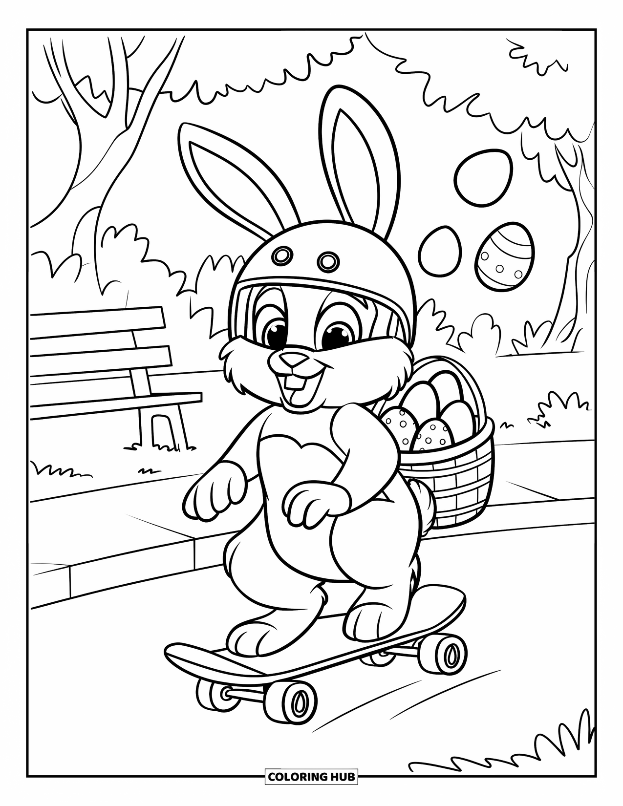 Kolorowanka z Królikiem Wielkanocnym dla dzieci: Królik w kasku jeździ na łyżwach po parku z koszykiem pełnym podskakujących pisanek