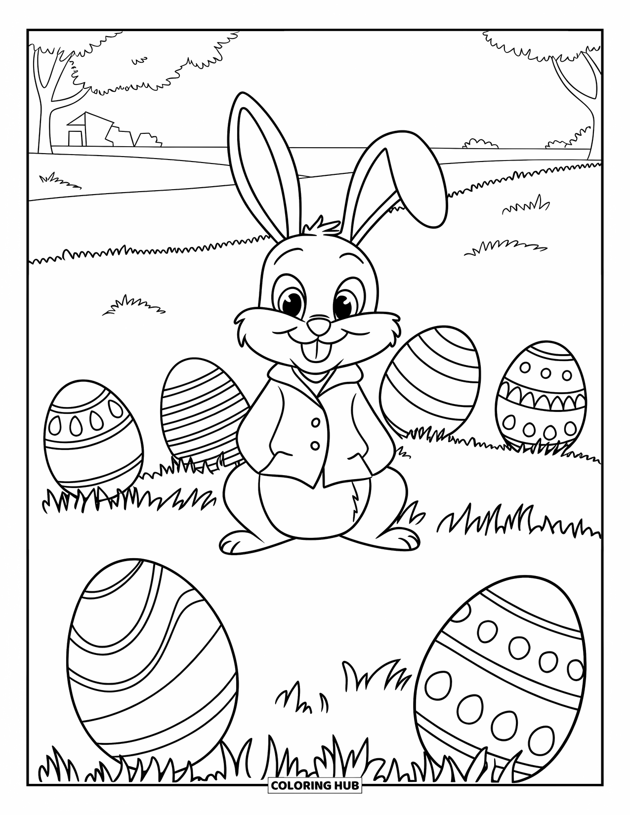 Kolorowanka z Królikiem Wielkanocnym dla dzieci: Królik w czerwonym płaszczu siedzi na trawiastym wzgórzu, otoczony jajkami w różne wzory