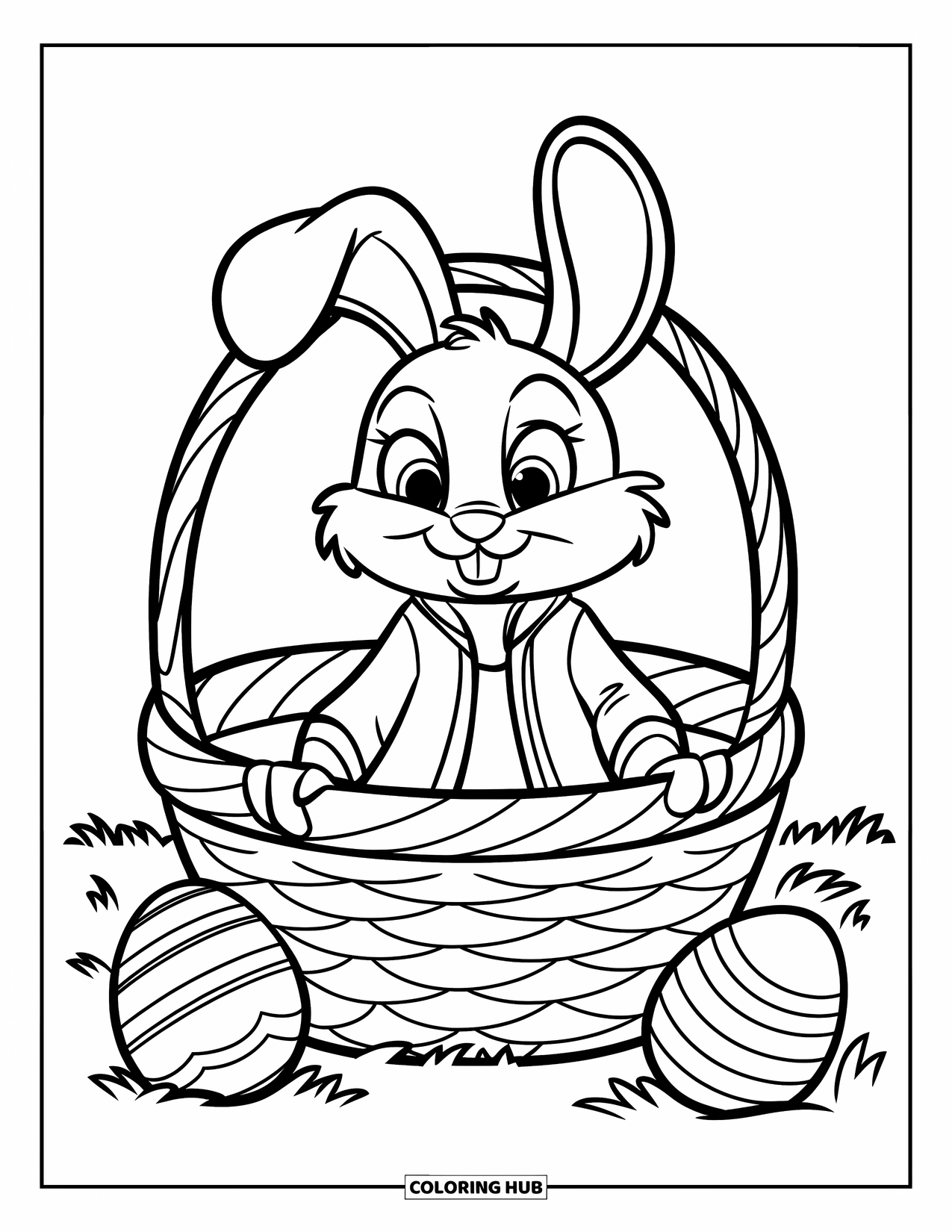 Kolorowanka z Królikiem Wielkanocnym dla dzieci: Królik w czerwonej kurtce siedzi w koszyku na trawiastym polu, a w pobliżu leżą jajka