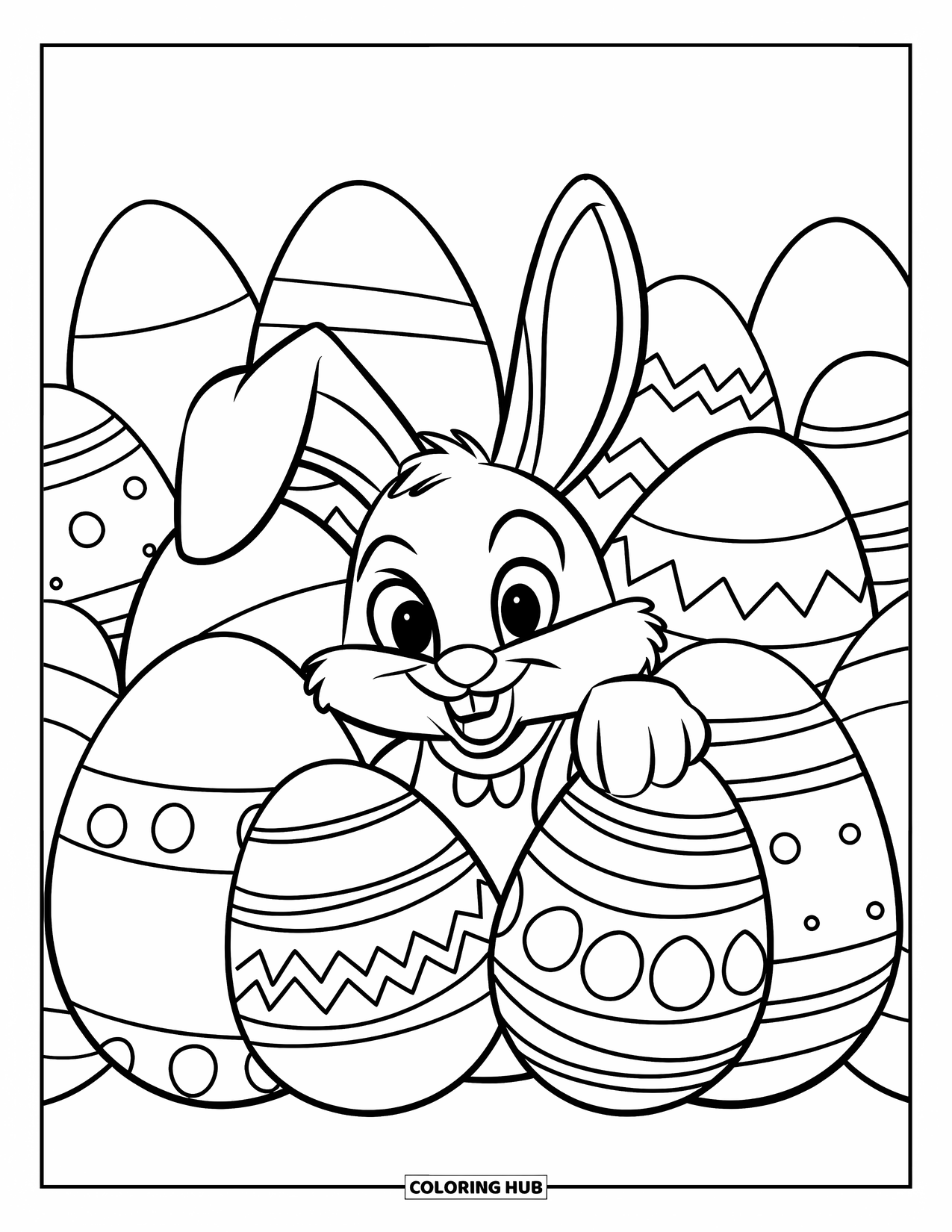 Kolorowanka z Królikiem Wielkanocnym dla dzieci: Królik w czerwonym stroju chowa się za stertą jajek, niektóre ułożone jeden na drugim